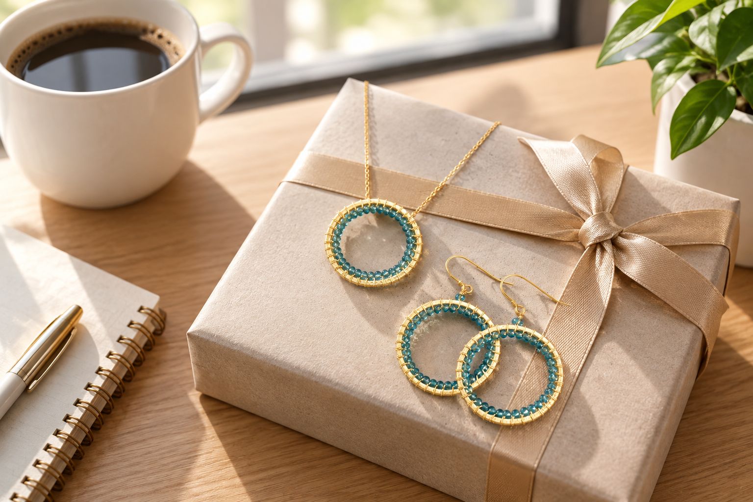 Gold jewelry set resting on a wrapped gift box on an office desk
