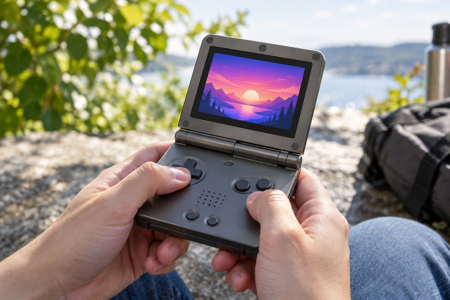 Backlit handheld console screen staying visible outdoors in daylight