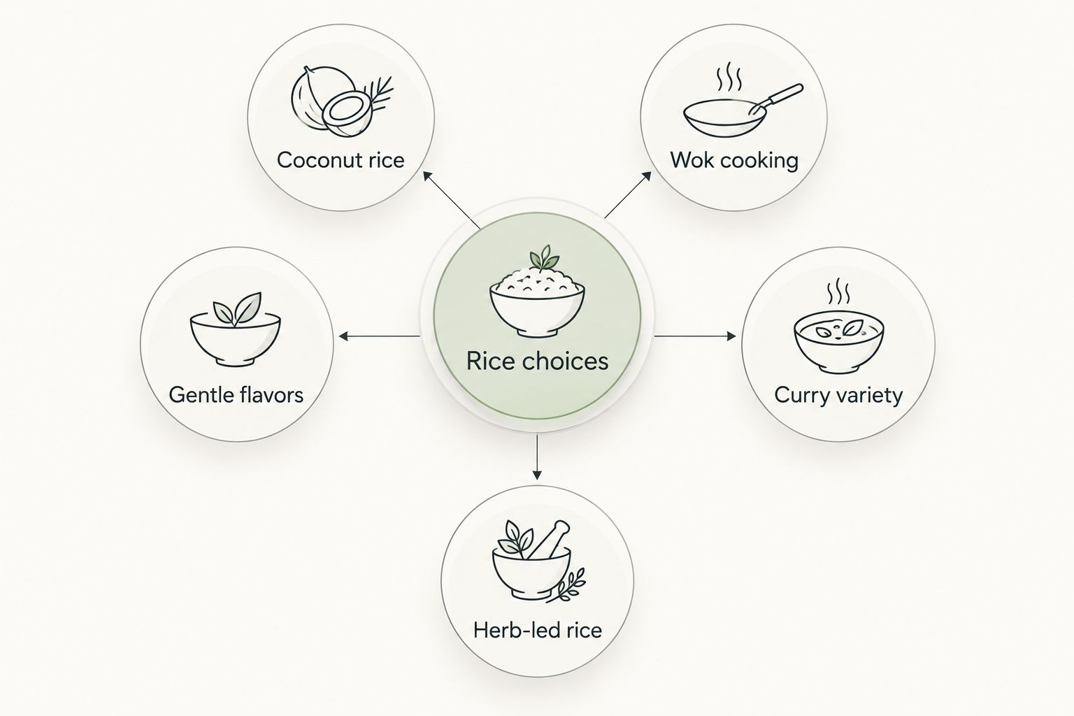 Five Malaysian rice styles compared by coconut, wok cooking, gentle flavors, curries and herbs.