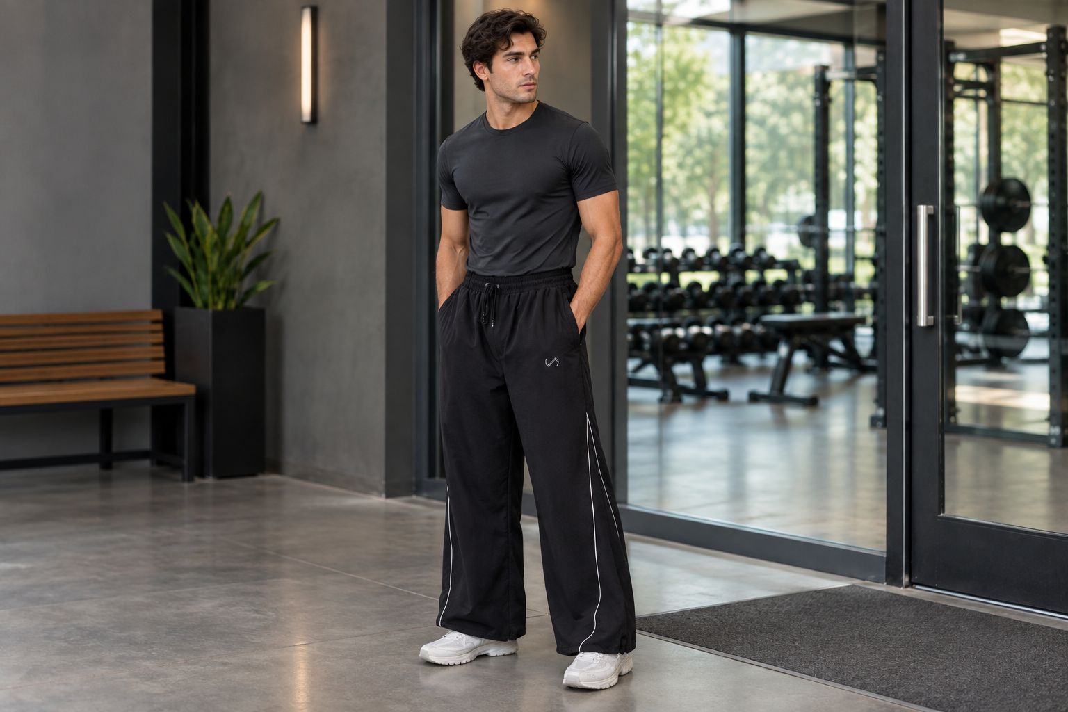 Oversized men's track pants worn with a fitted top and sneakers at a gym entrance