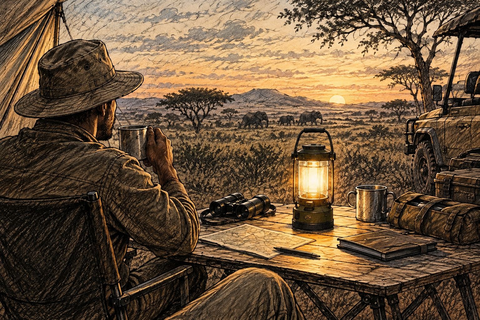 Camping lantern beside a preparation table, viewed from a seated position