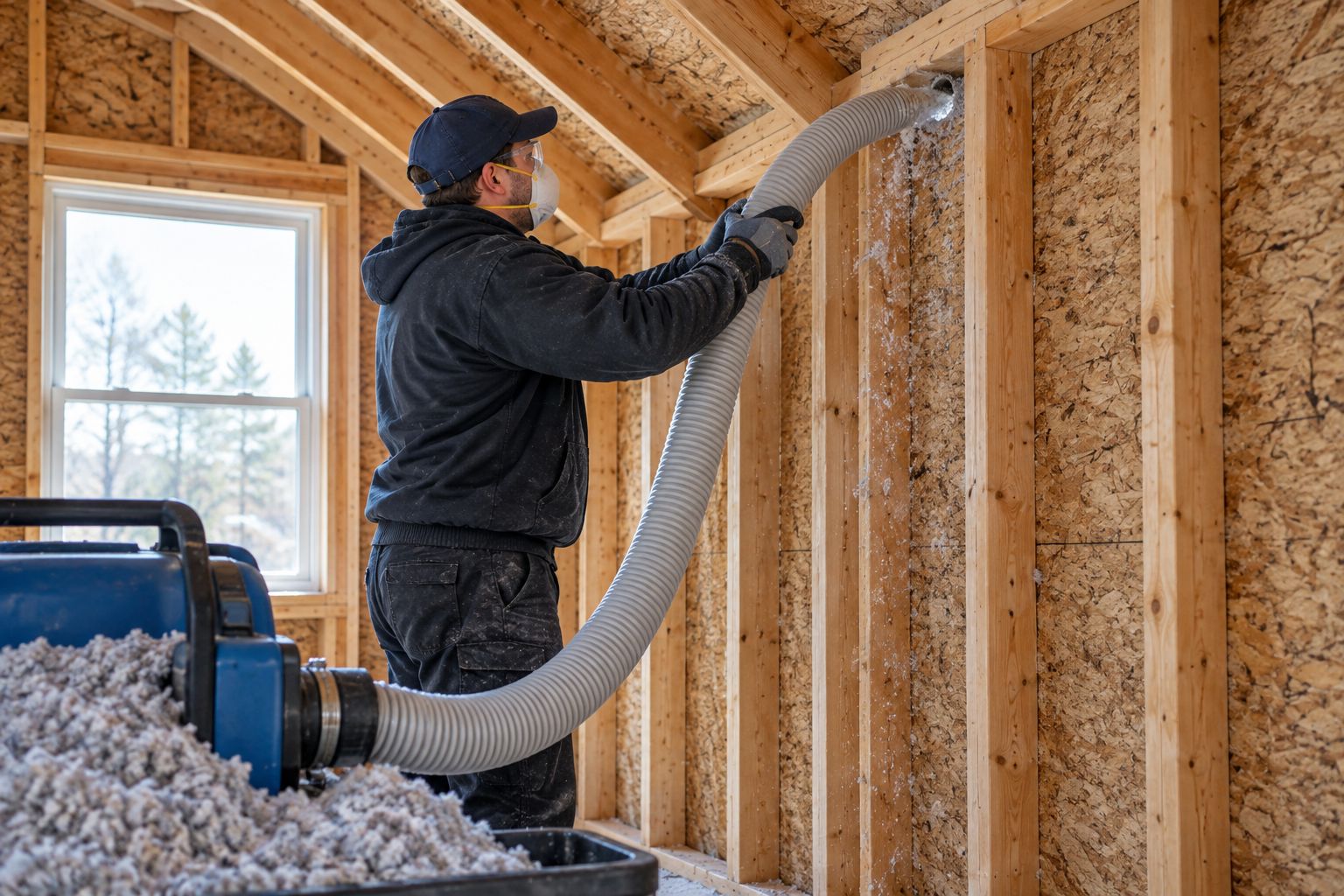 Technician blowing cellulose insulation into a wall cavity through a drilled access hole