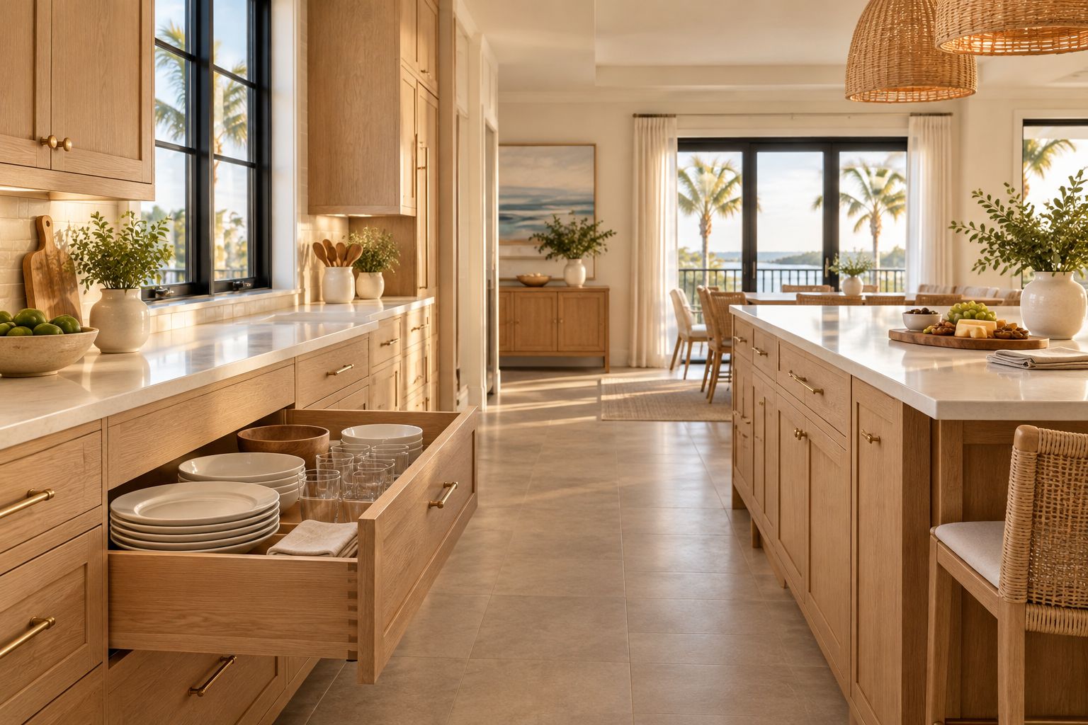 Wood cabinetry and a restrained tile floor beside a serving counter with clear walking space