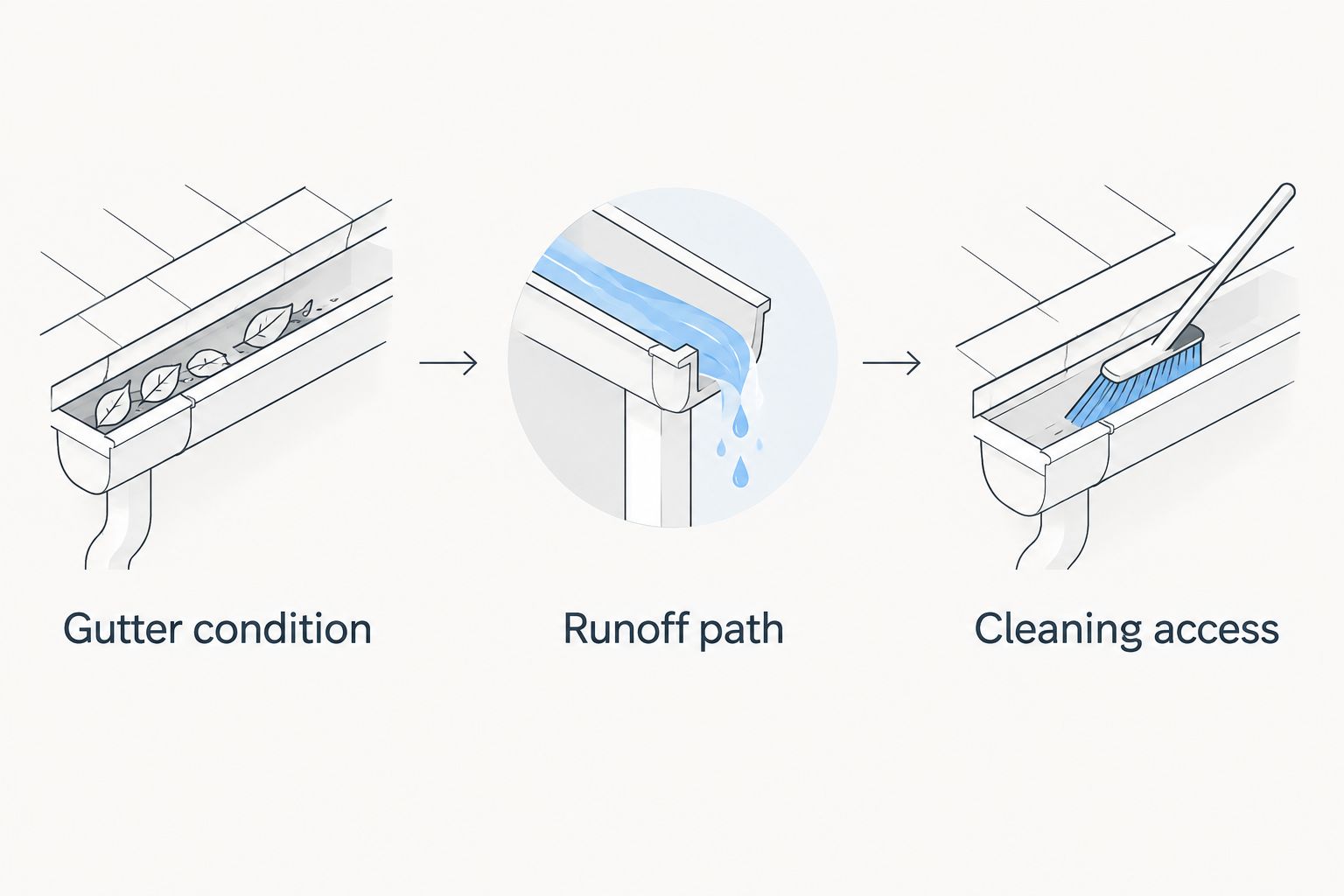 Three checks before gutter guard installation: gutter condition, runoff path, and cleaning access.
