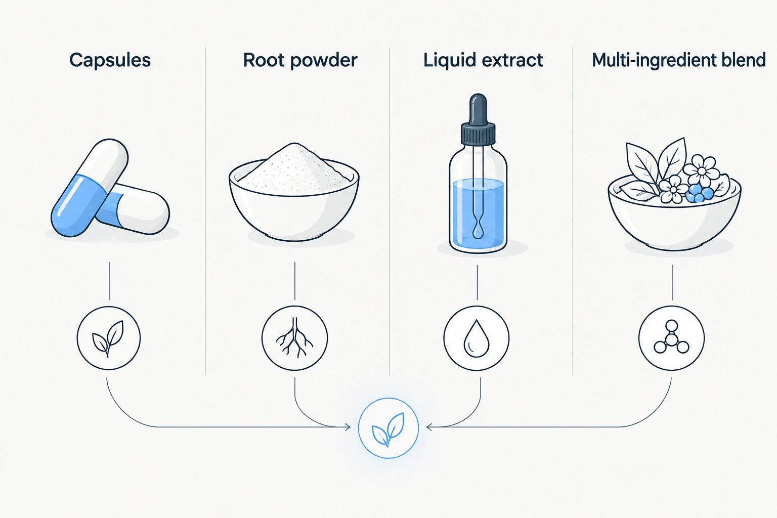 Four ashwagandha preparations: capsules, root powder, liquid extract, and a multi-ingredient blend.