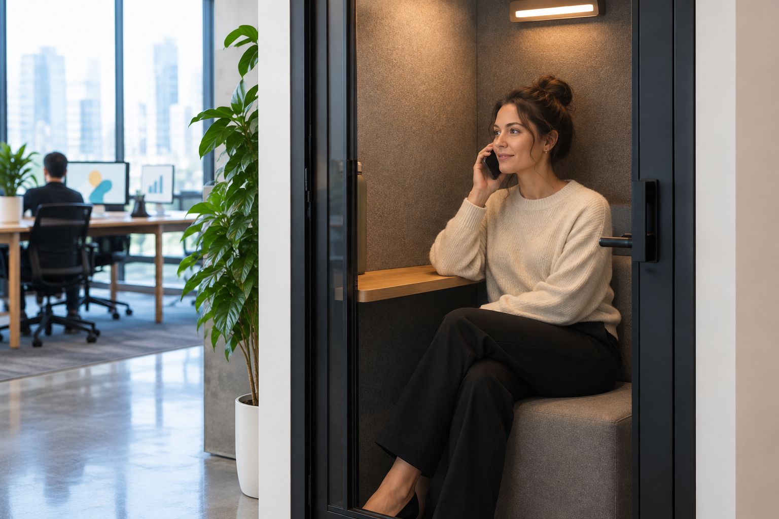An individual taking a phone call inside an enclosed booth away from shared office desks