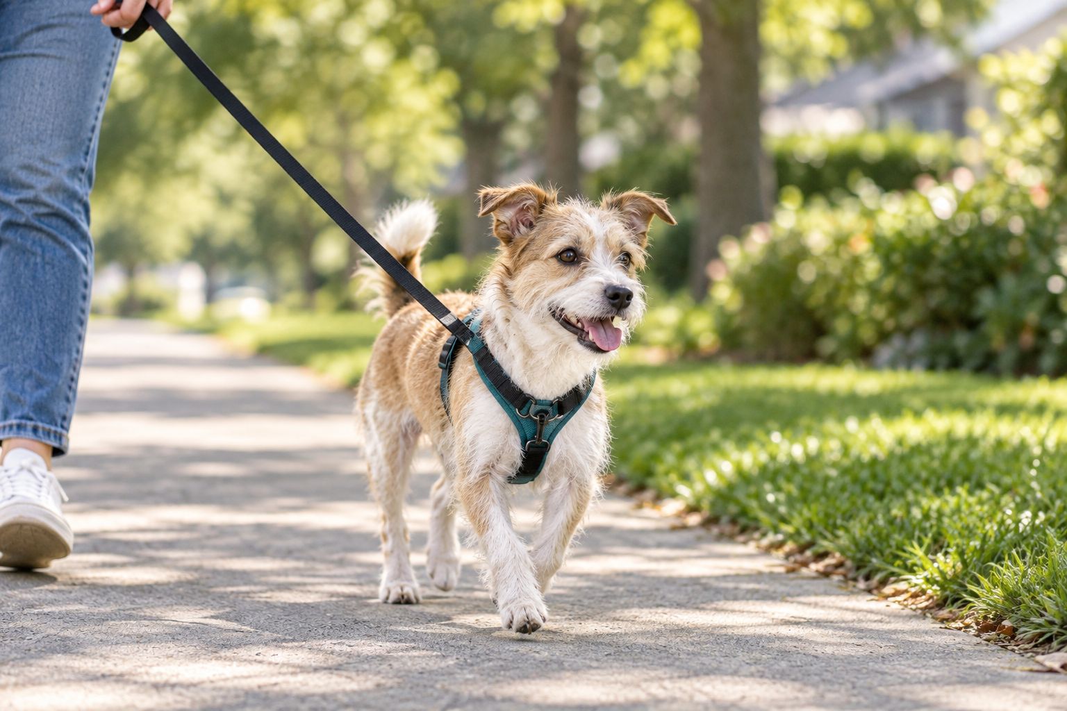 Small dog wearing a front-clip no-pull harness on a sidewalk walk