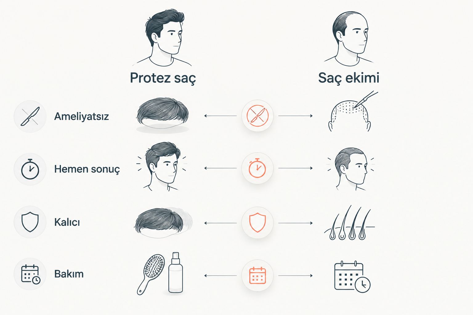 Protez saç ve saç ekimi karşılaştırma şeması