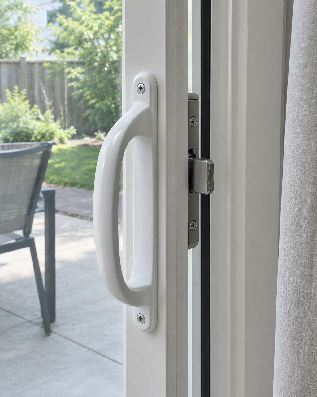 AI-generated illustration of a sliding patio door handle and latch; not an actual GO Locksmith job