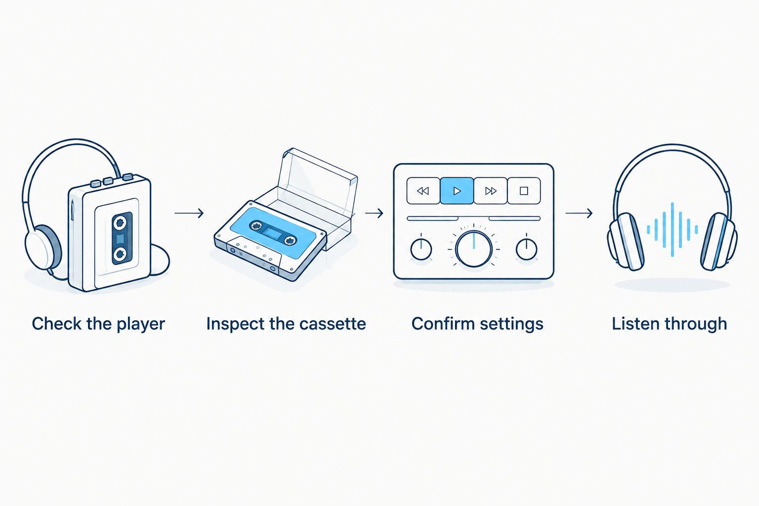 Playback checks from inspecting the player and cassette to confirming settings and listening through