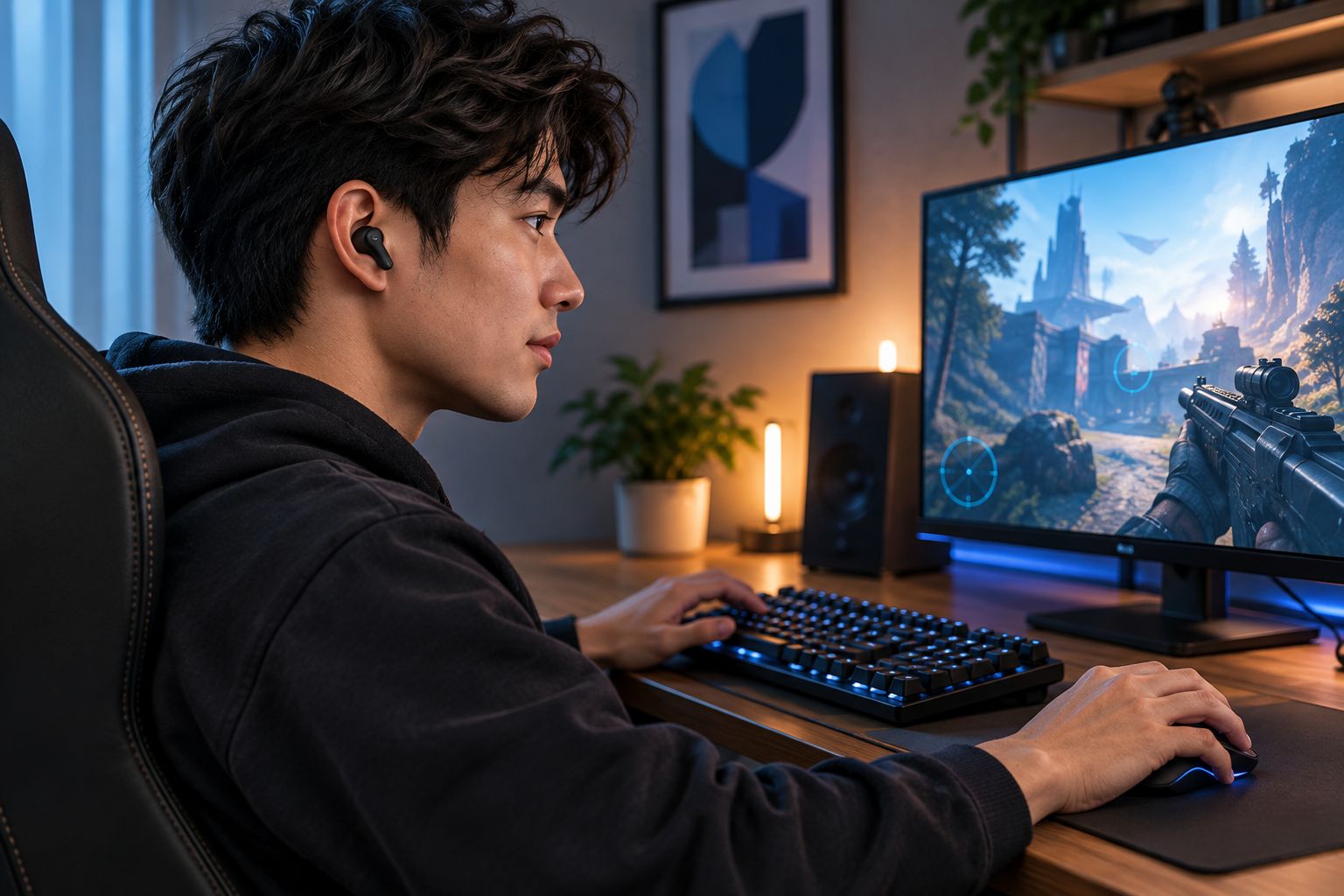 Gamer wearing wireless earbuds at a PC gaming desk
