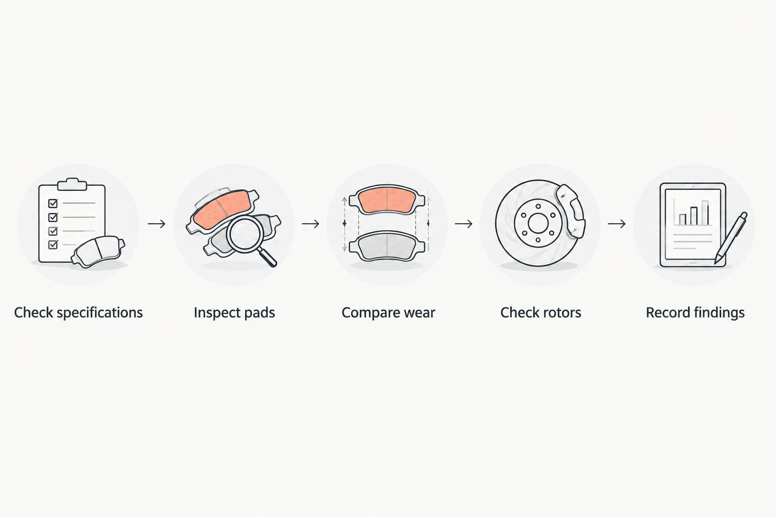Brake inspection sequence from checking specifications to recording findings