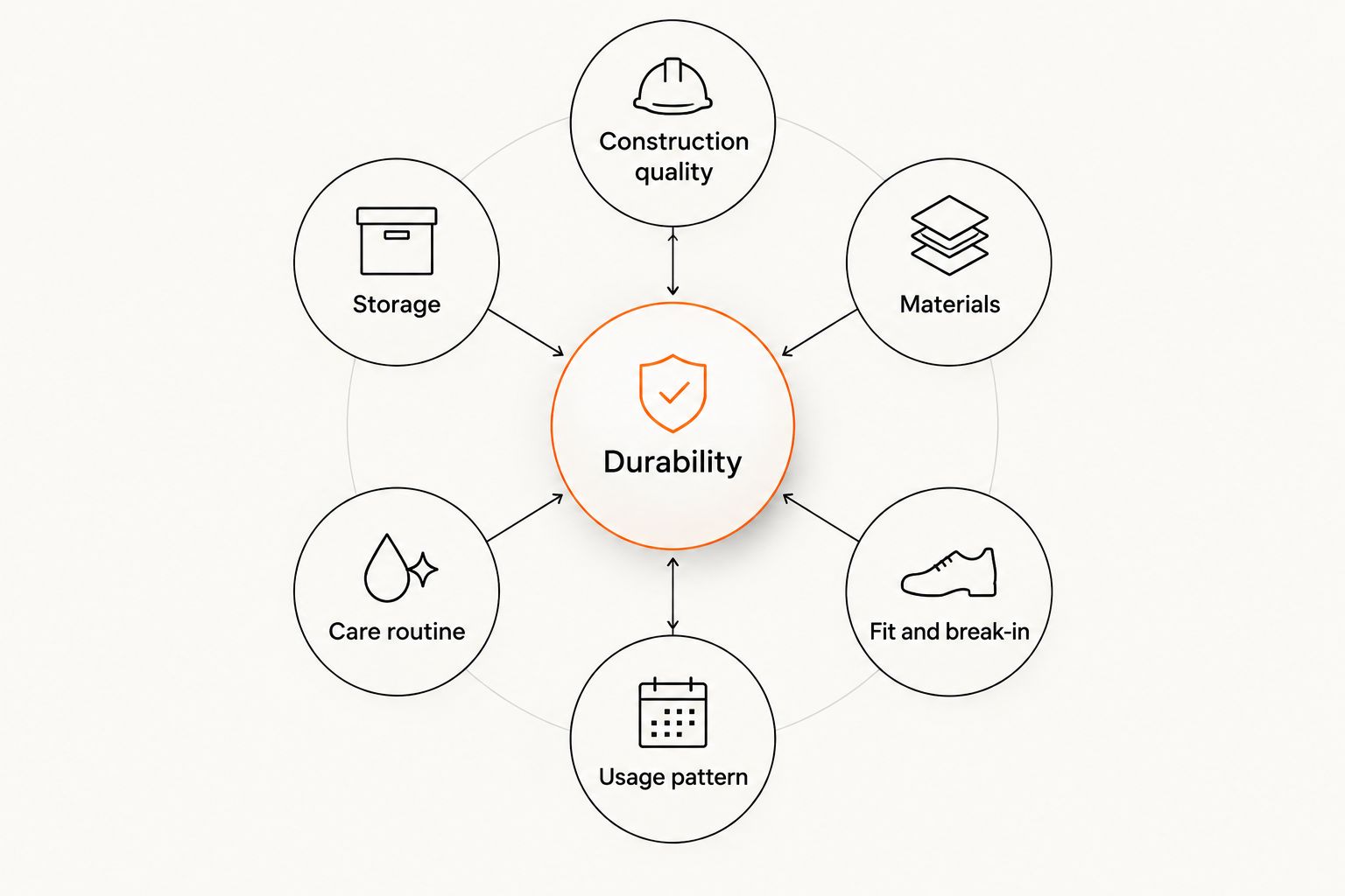 Diagram of six factors affecting vegan trainer durability around a central hub