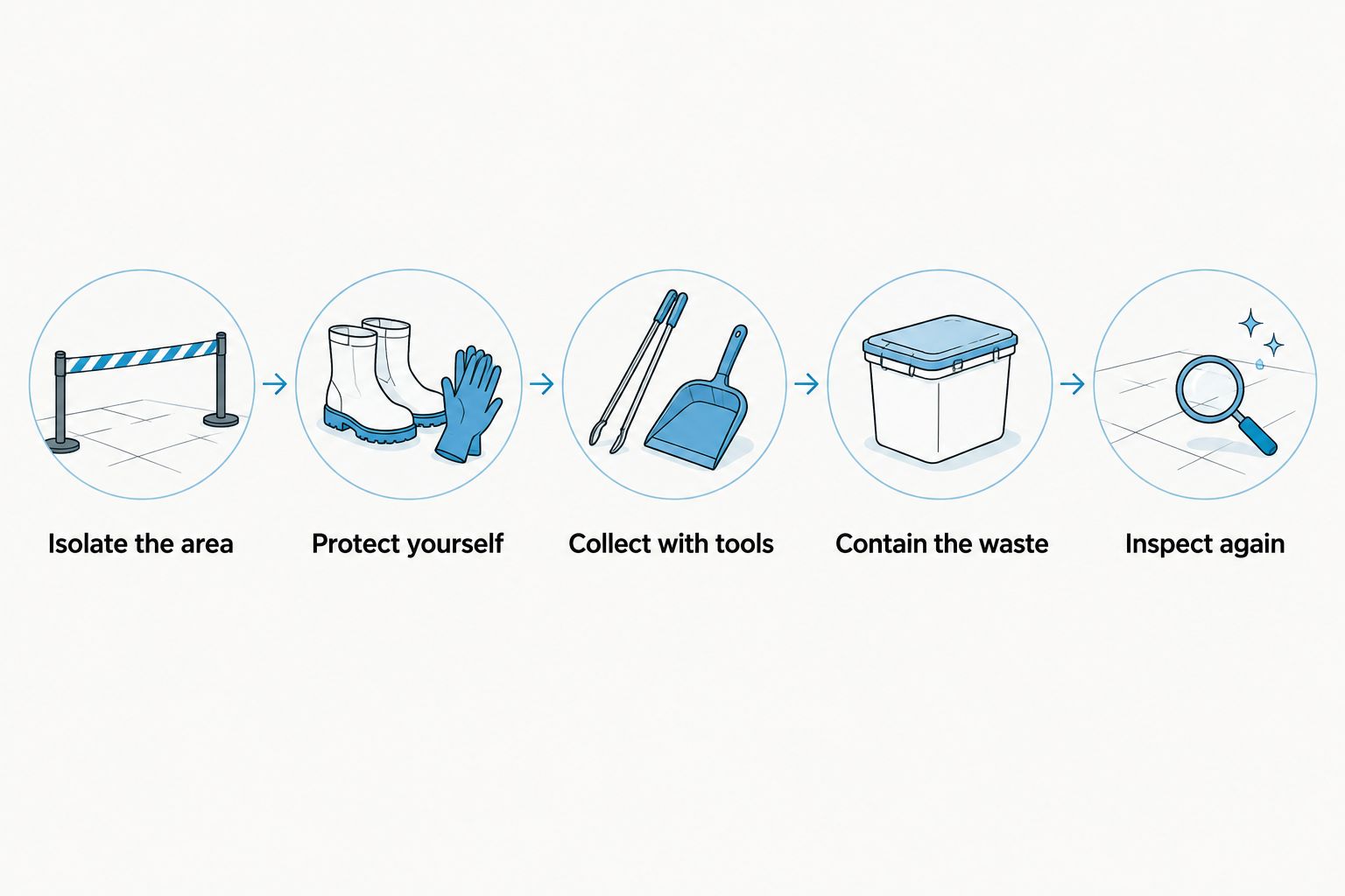 Five cleanup stages from isolating broken glass to containing fragments and inspecting the area