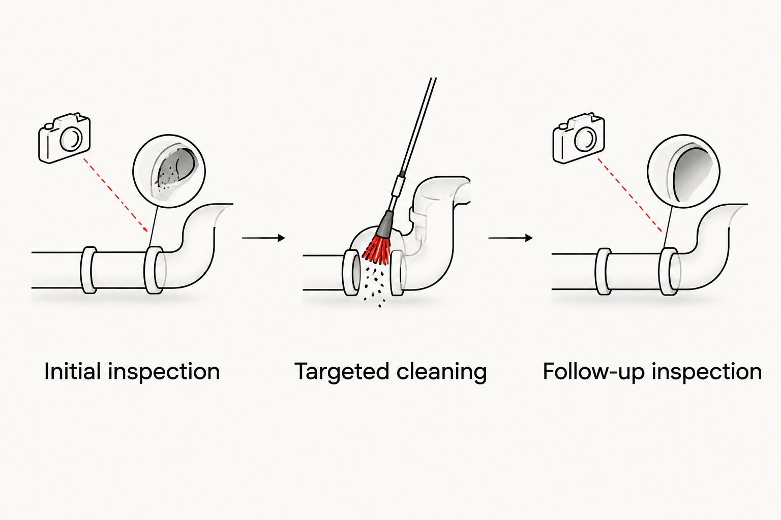Inspection, cleaning, and follow-up camera inspection shown as a sequence