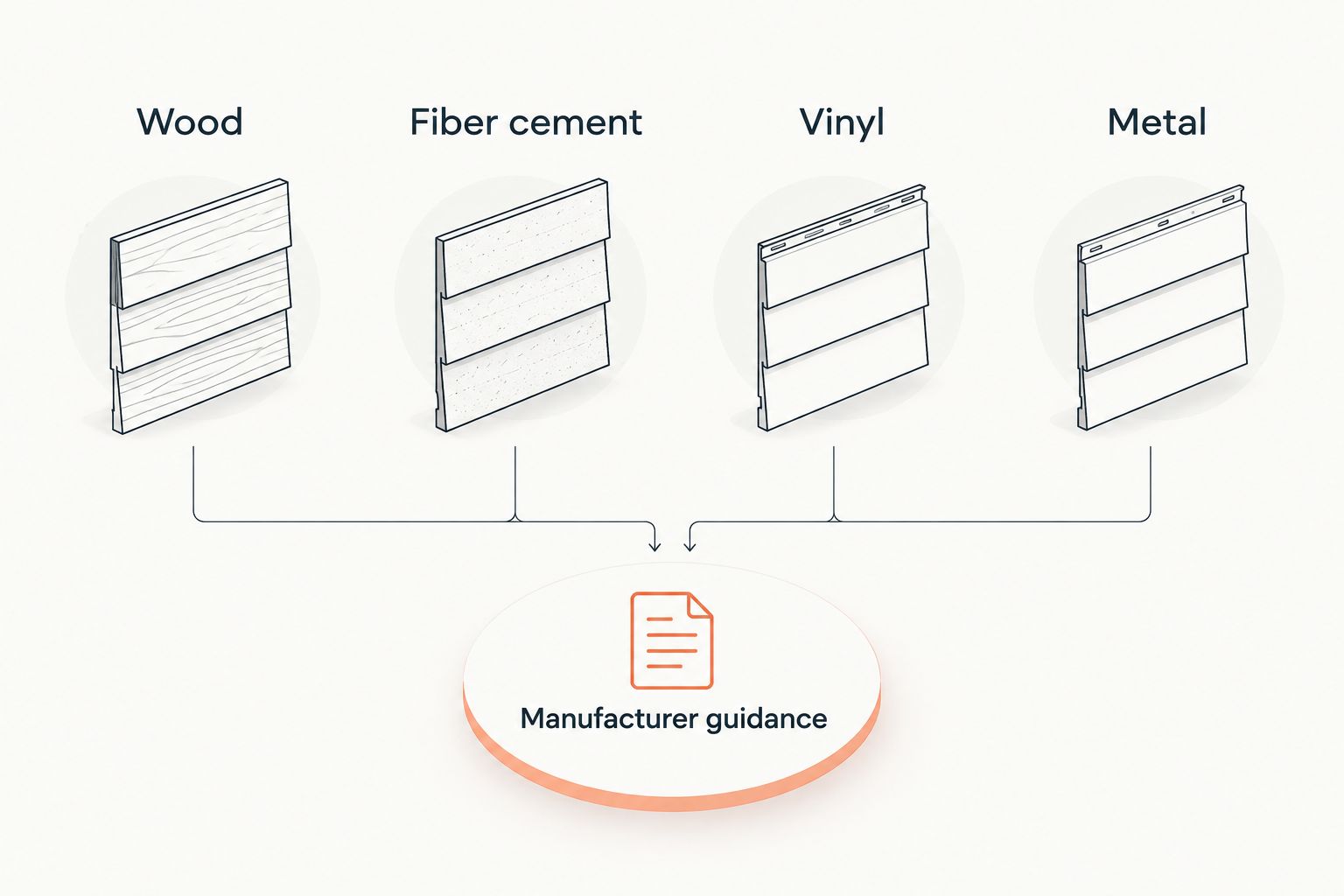 Four siding materials connected to manufacturer guidance