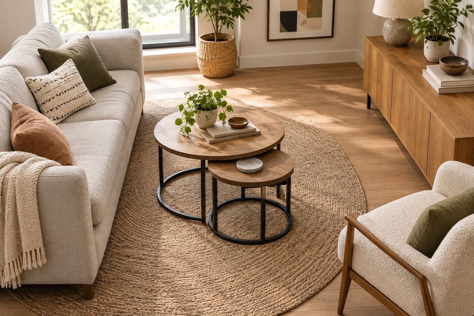 Round open-frame nesting tables between a sofa and an occasional chair