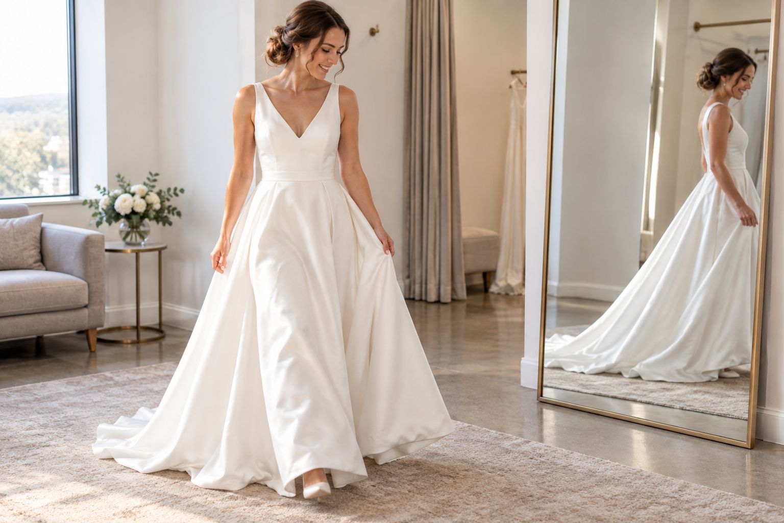 Bride checking the movement and hem of a wedding gown in a fitting room