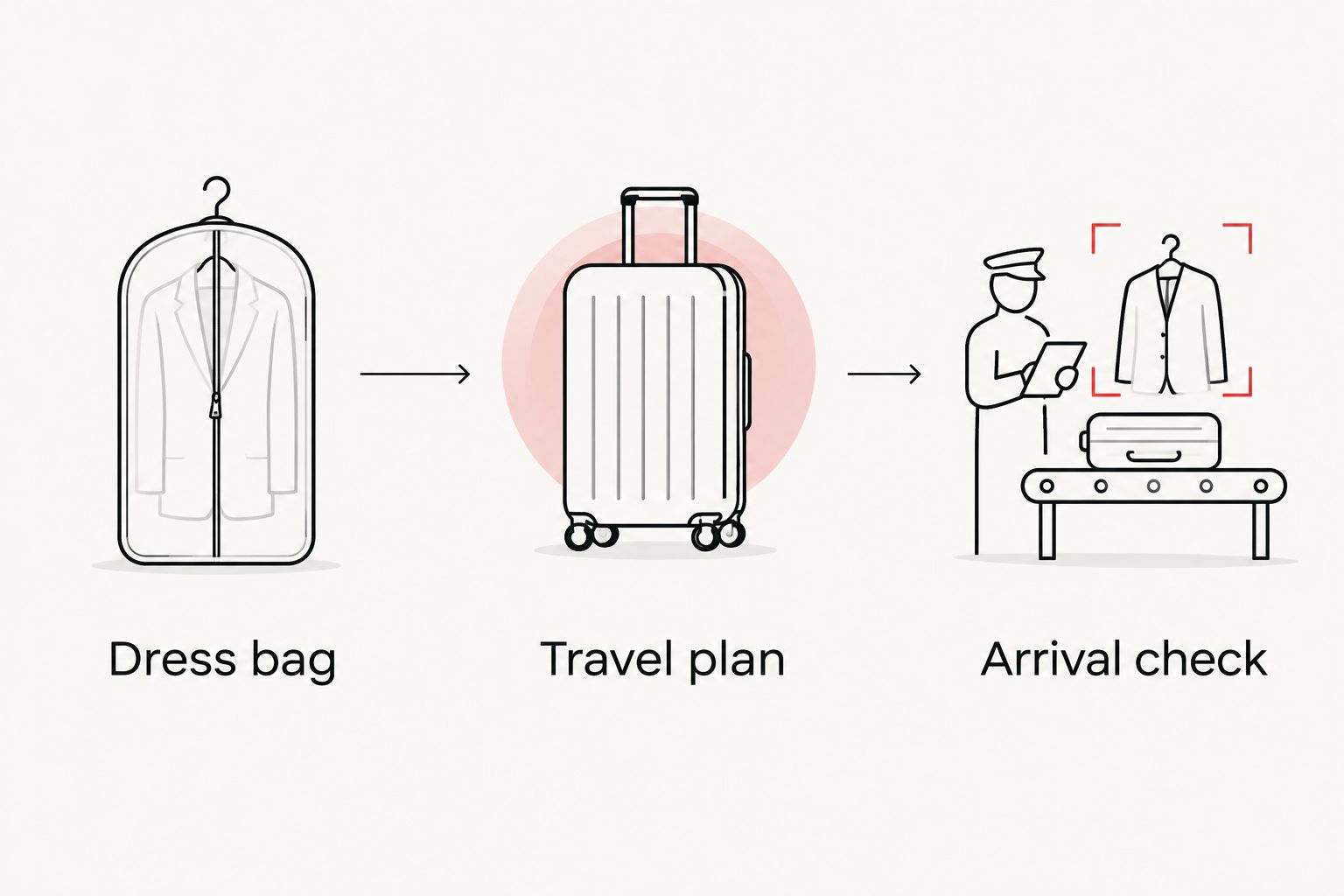 Dress transport sequence covering the dress bag, travel plan, and arrival check