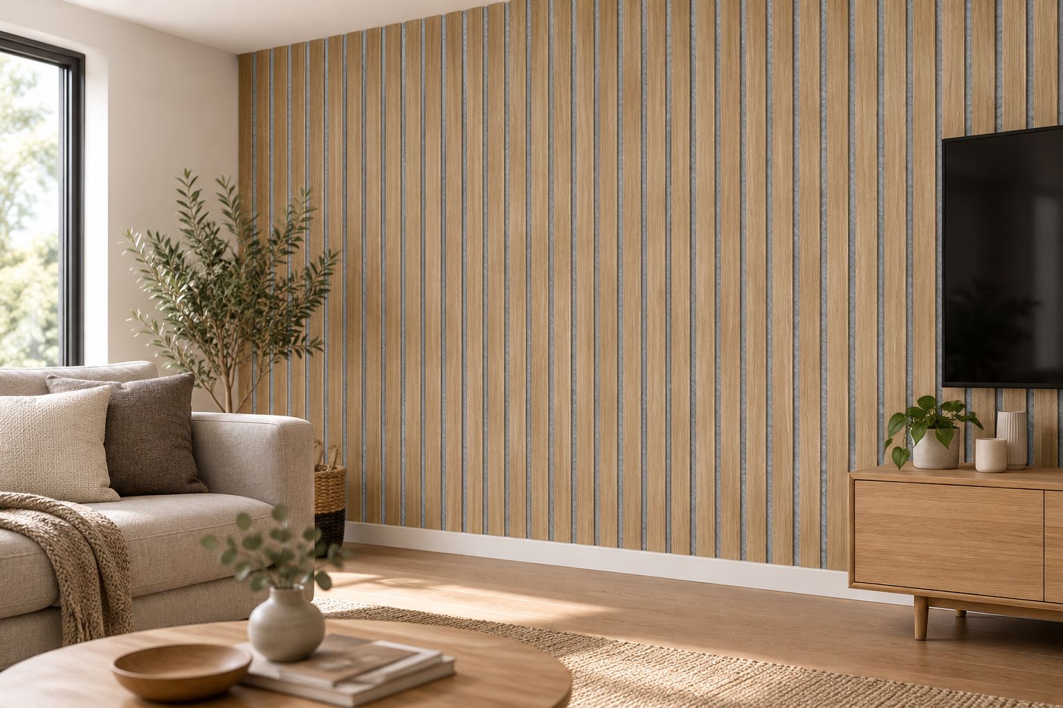 Panneau acoustique en bois posé sur un mur de salon