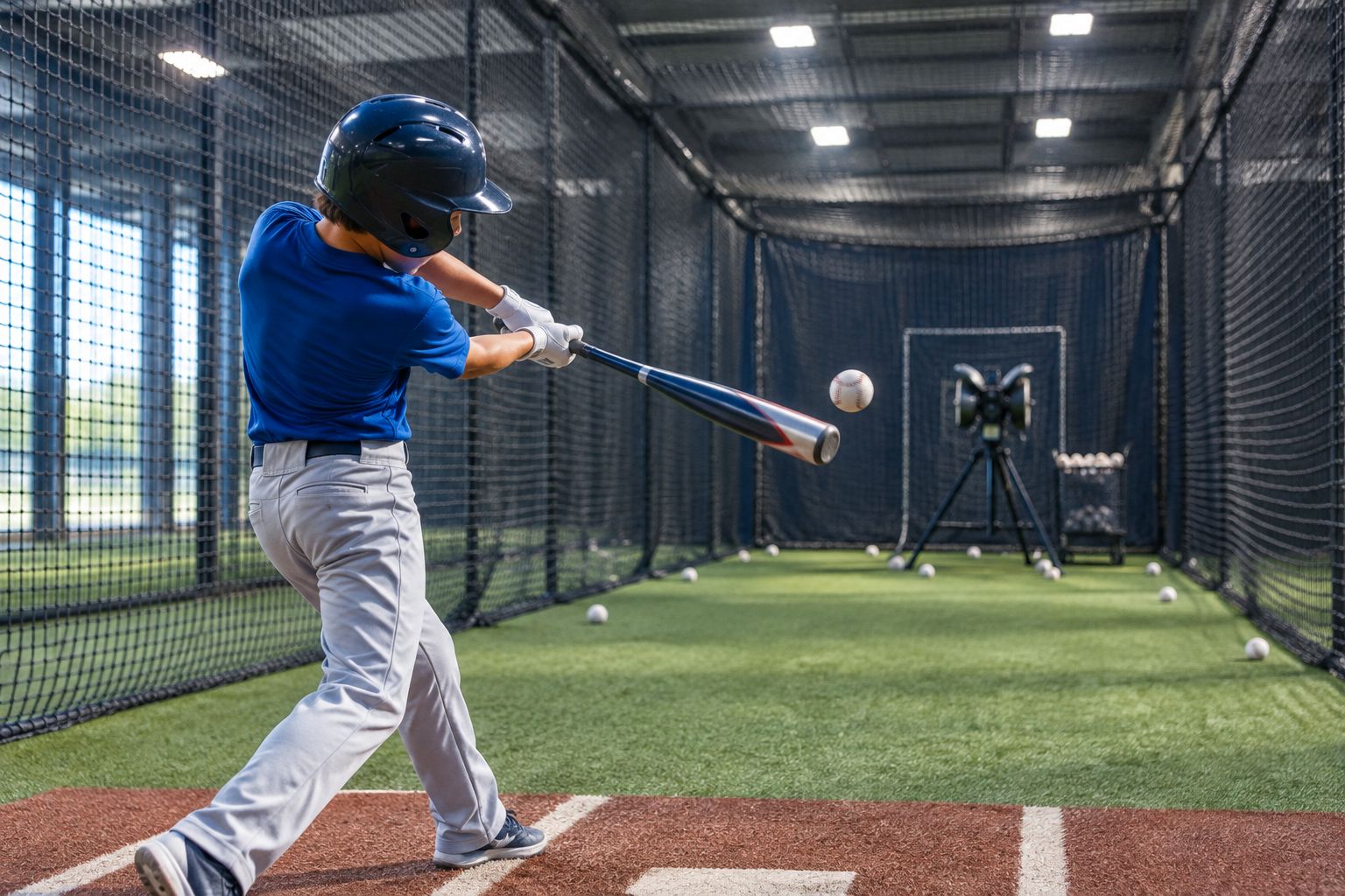 Young athlete swinging a bat inside an indoor batting cage