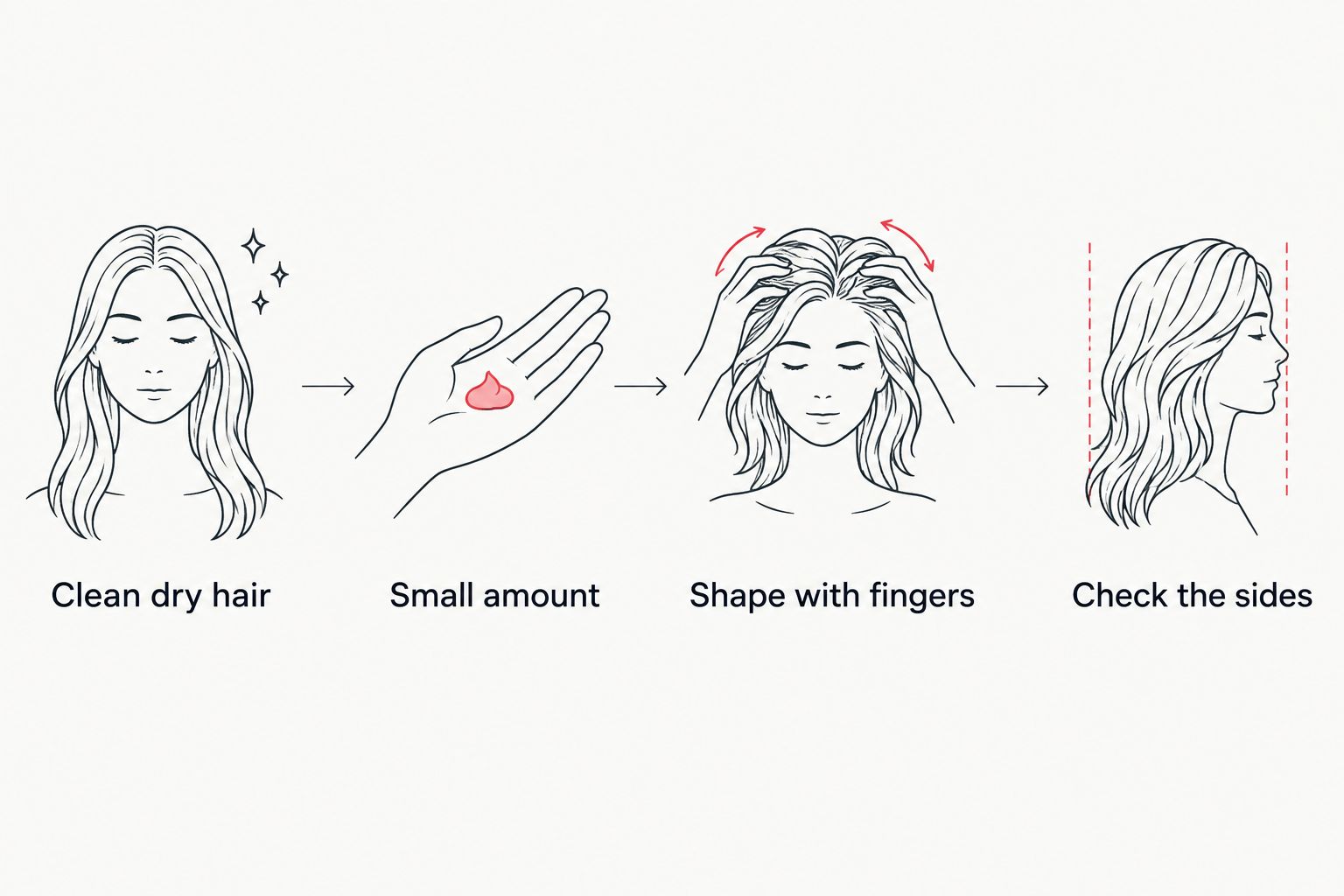 Steps for applying styling clay, from preparing dry hair to checking the finished shape