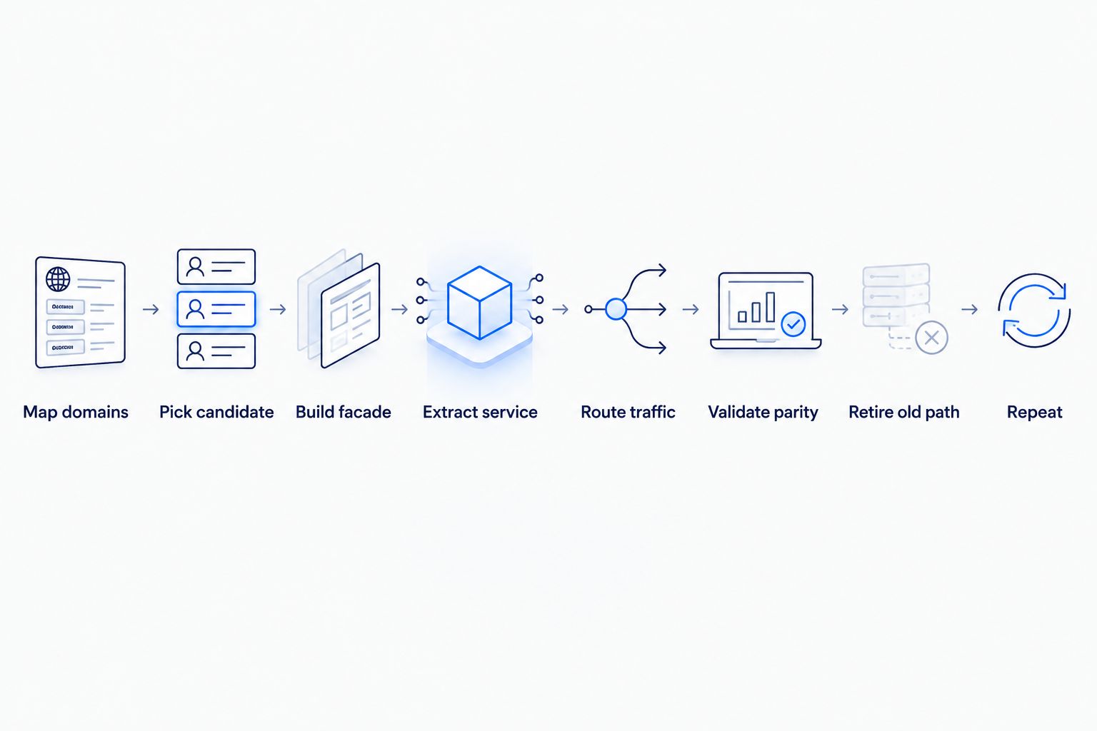 Eight-step flow for migrating a monolith domain to a microservice