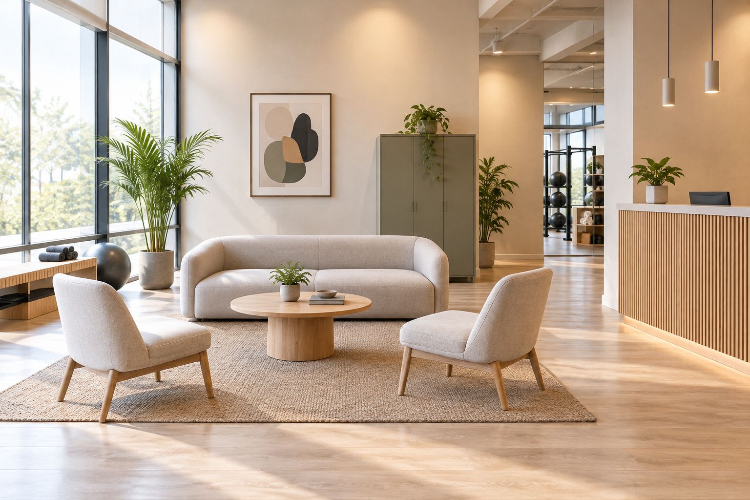 Generic reception furniture showing individual chairs, a sofa and separate closed storage