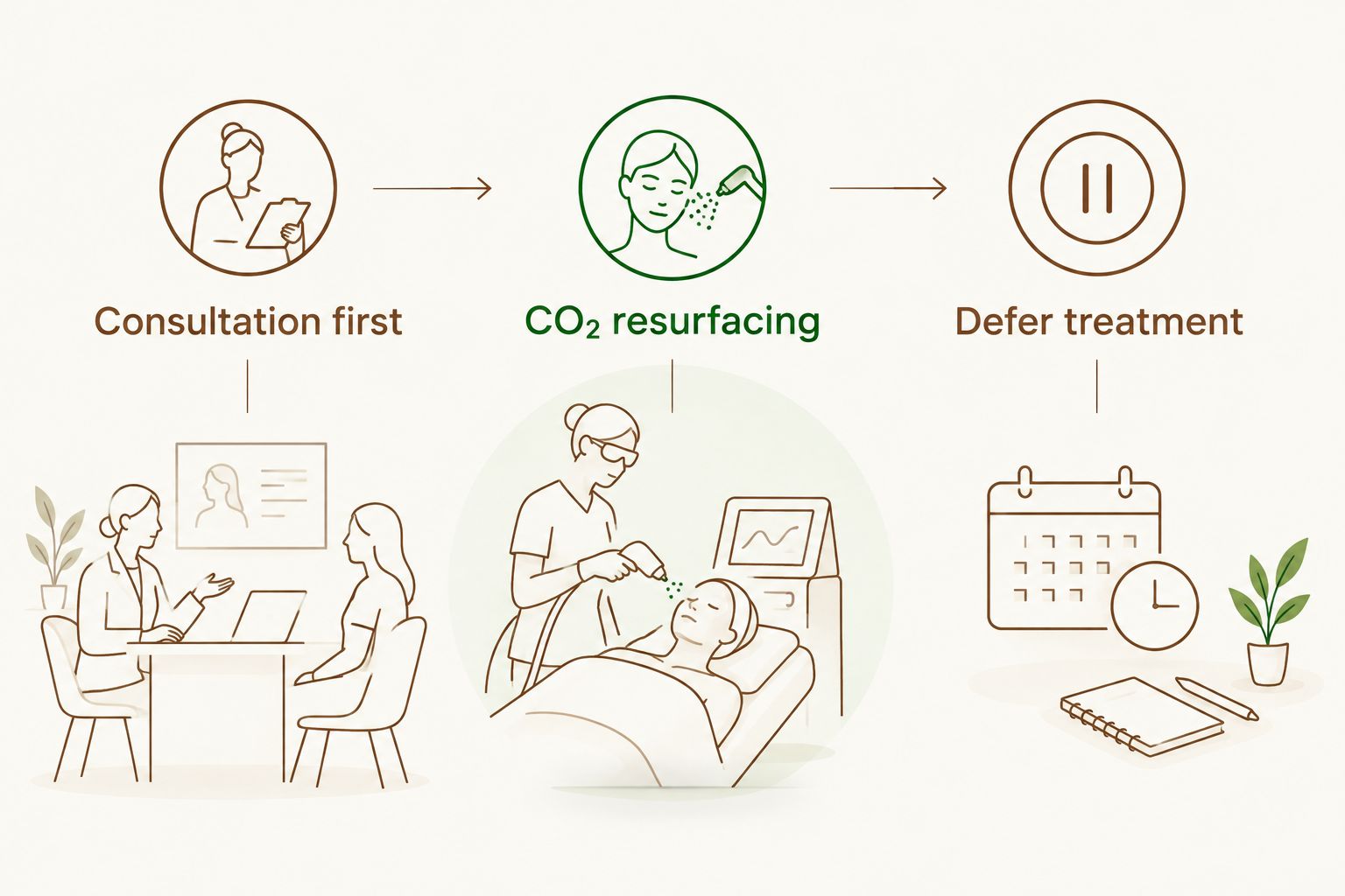 Three decision routes: consultation first, CO₂ resurfacing or defer treatment