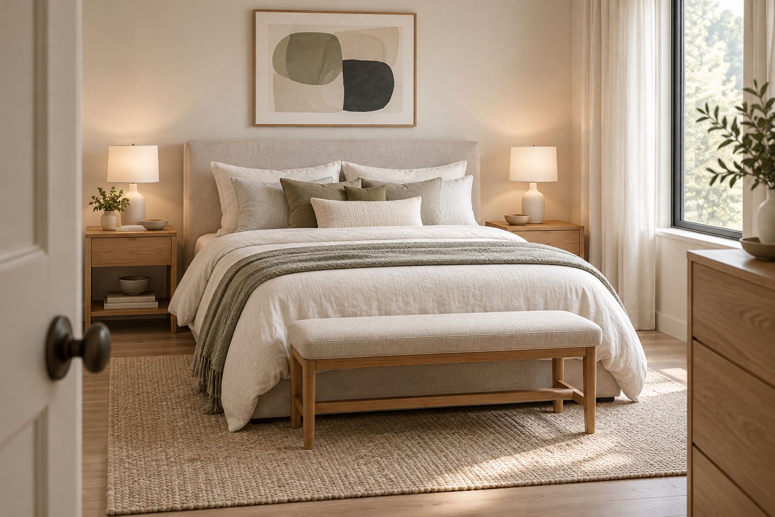 An elegant bedroom balancing upholstered furniture, timber bedside tables and layered bedding