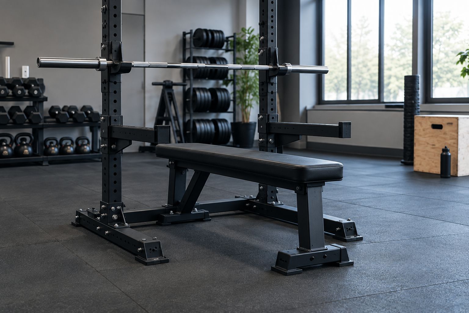 Flat bench centered inside a power rack with clear side space and safety arms