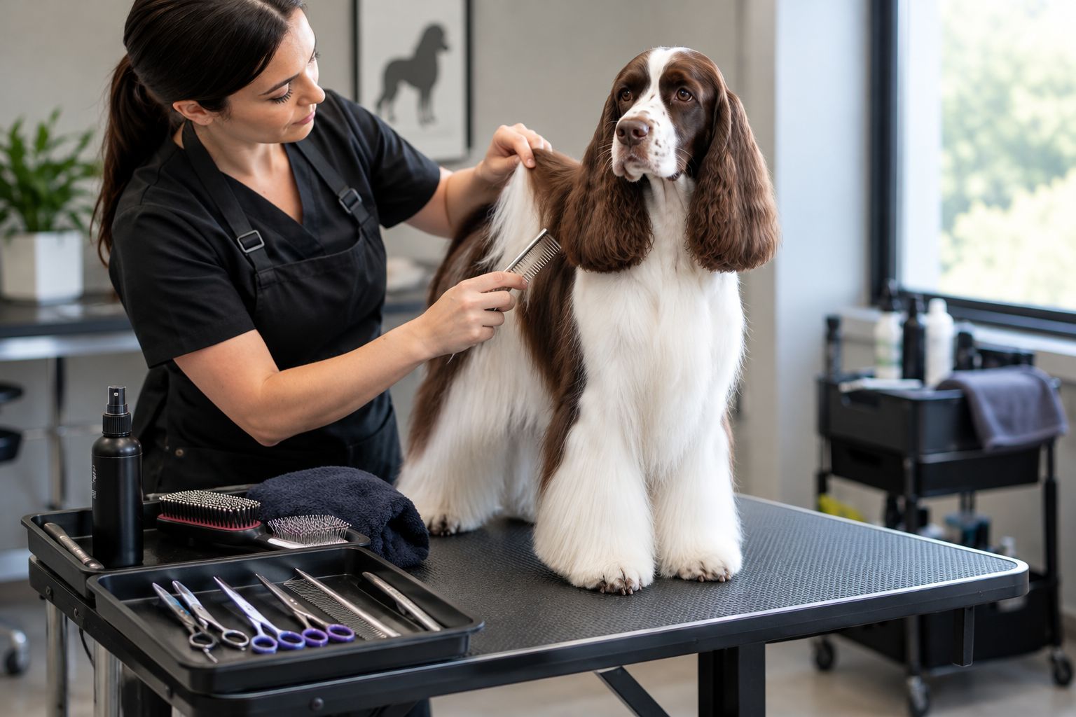 A handler gently checks a dog's coat beside separate trays for clean and used grooming tools.