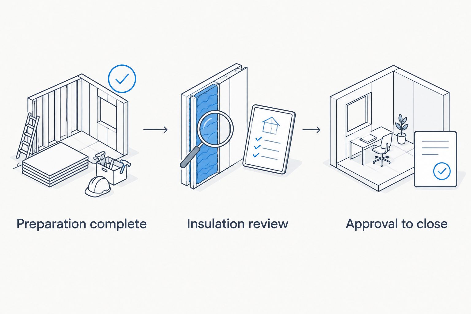 Three construction checkpoints from preparation through insulation review to approval to close