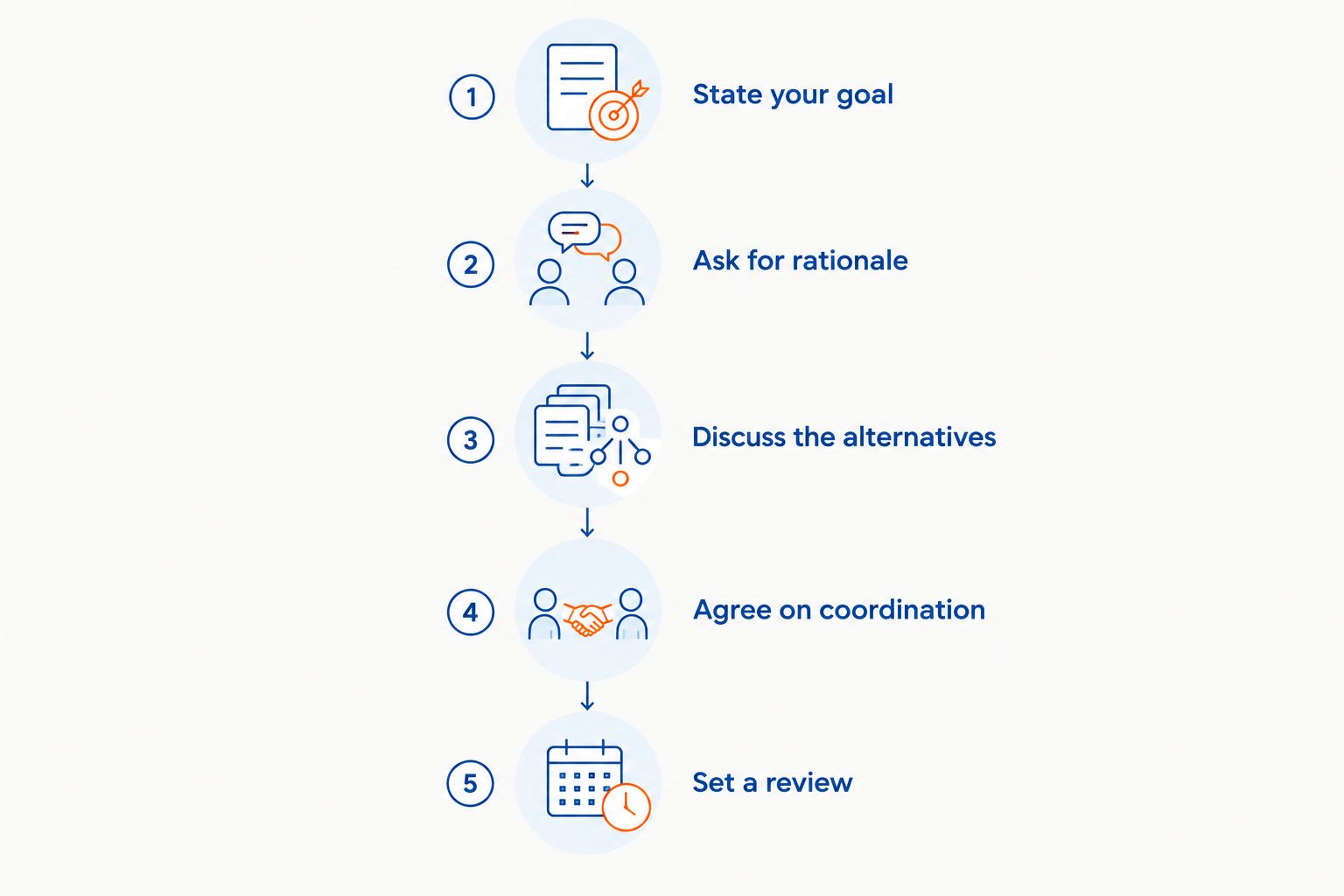 Decision steps covering goals, rationale, alternatives, coordination and review