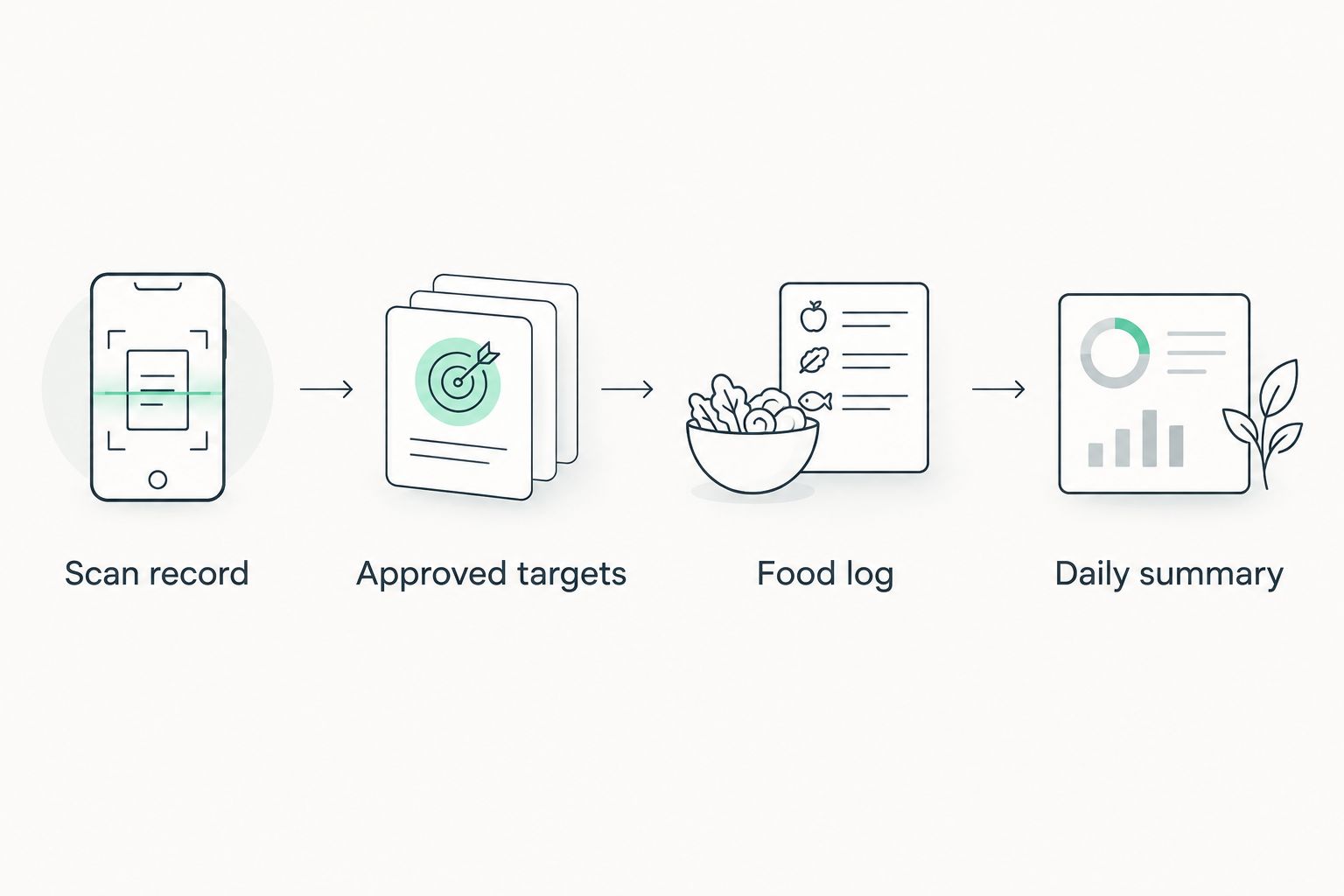 Workflow from scan record through approved targets and food log to daily summary