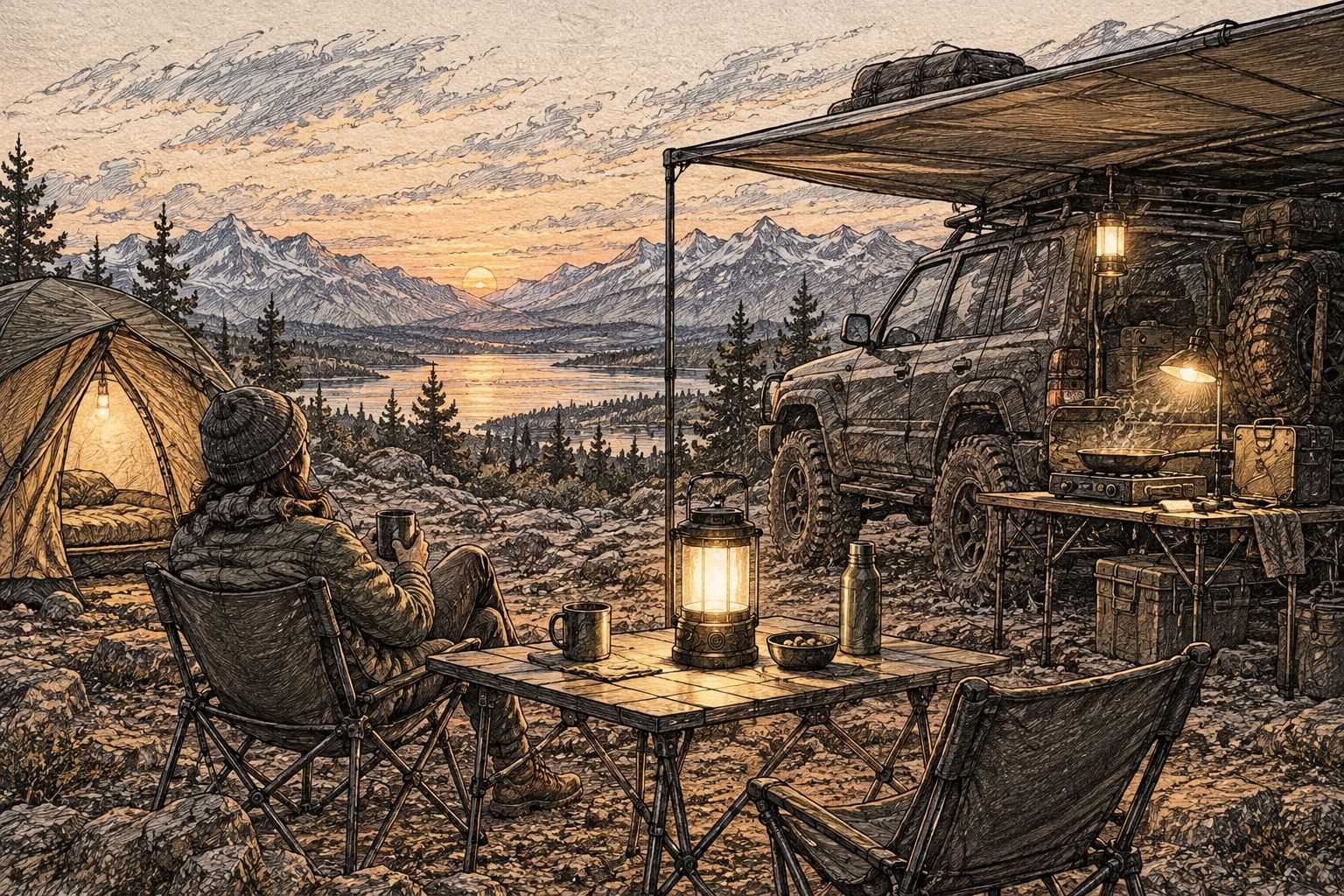 Separate lighting for an overland camp table, cooking surface and tent entrance