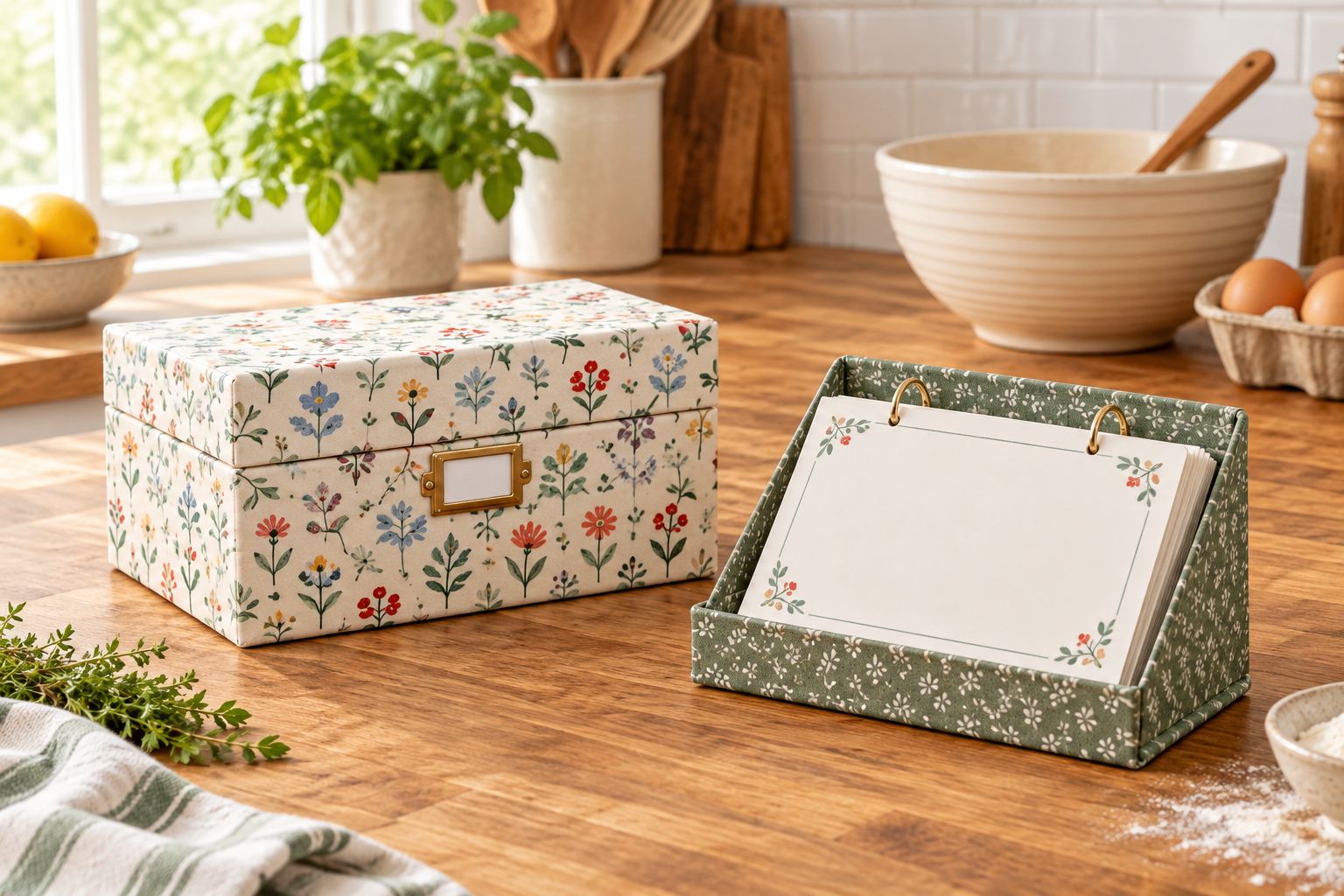 A closed recipe box beside an open card holder on a kitchen counter