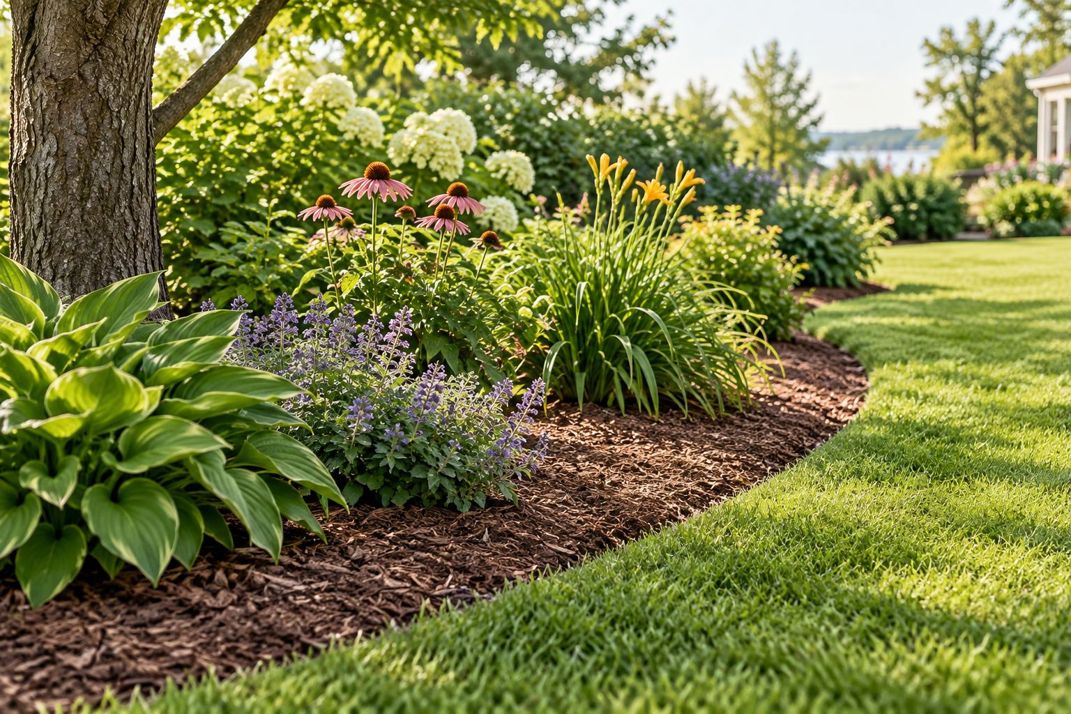 A simple mulched garden bed with a clear lawn edge and space around plant stems