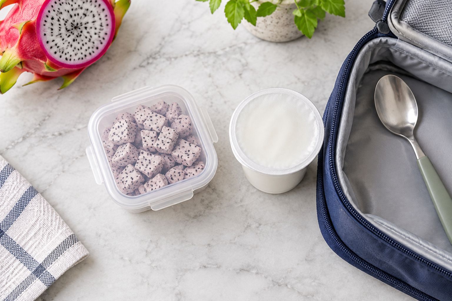 Dry dragon fruit pieces packed separately from yogurt in a school lunch bag