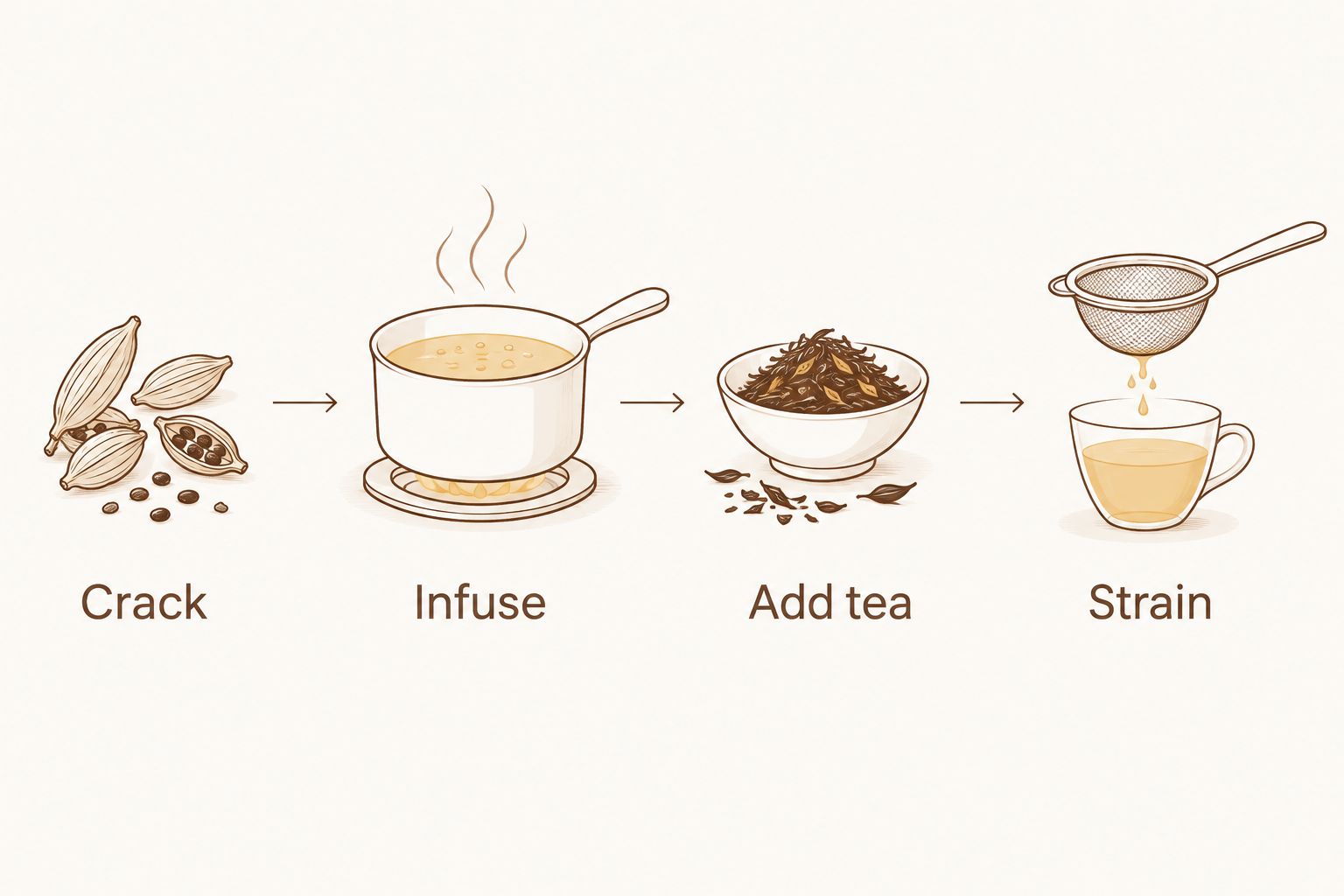 Whole-spice chai sequence: crack the spices, infuse, add tea, and strain