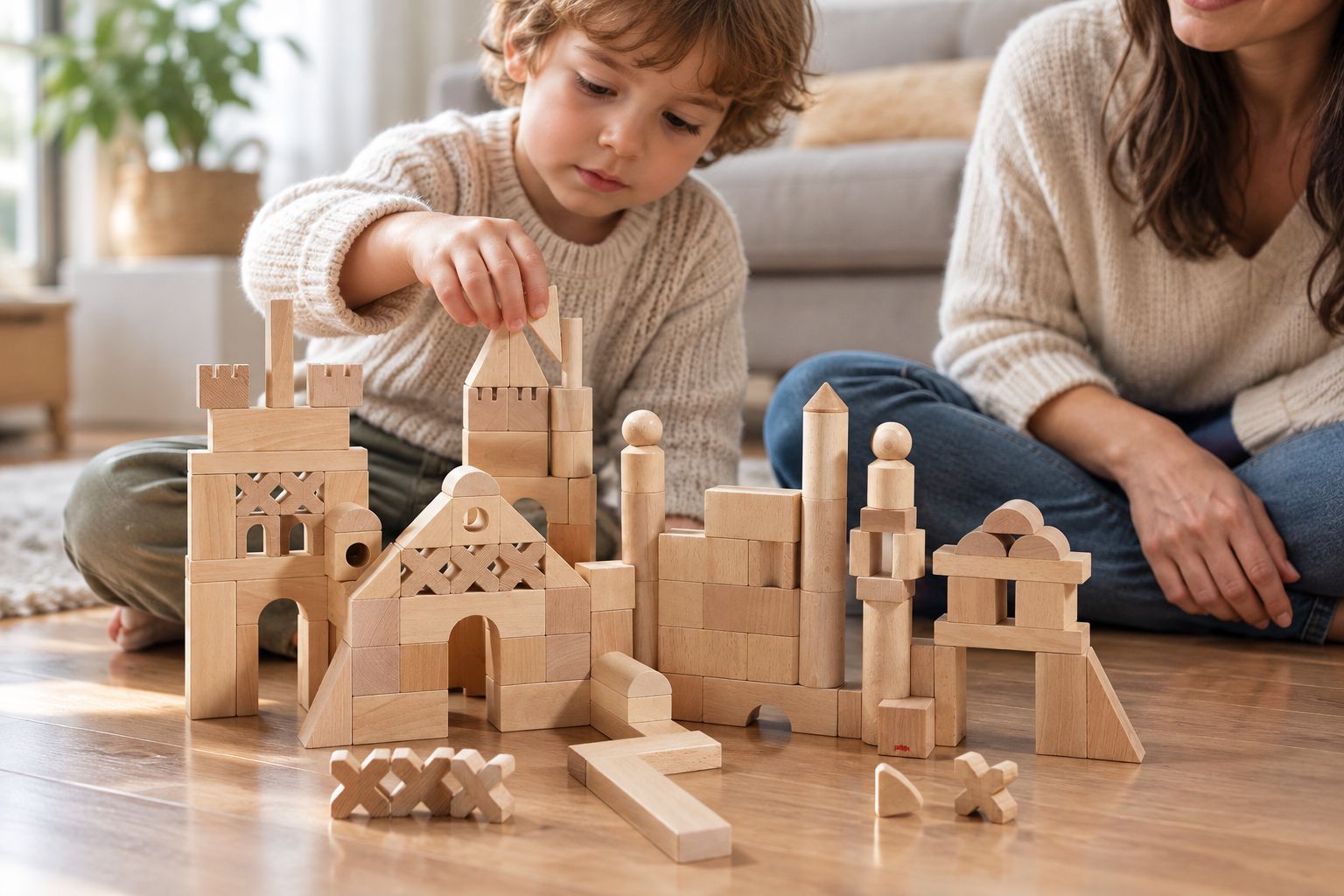 A child builds with wooden blocks while an adult sits nearby