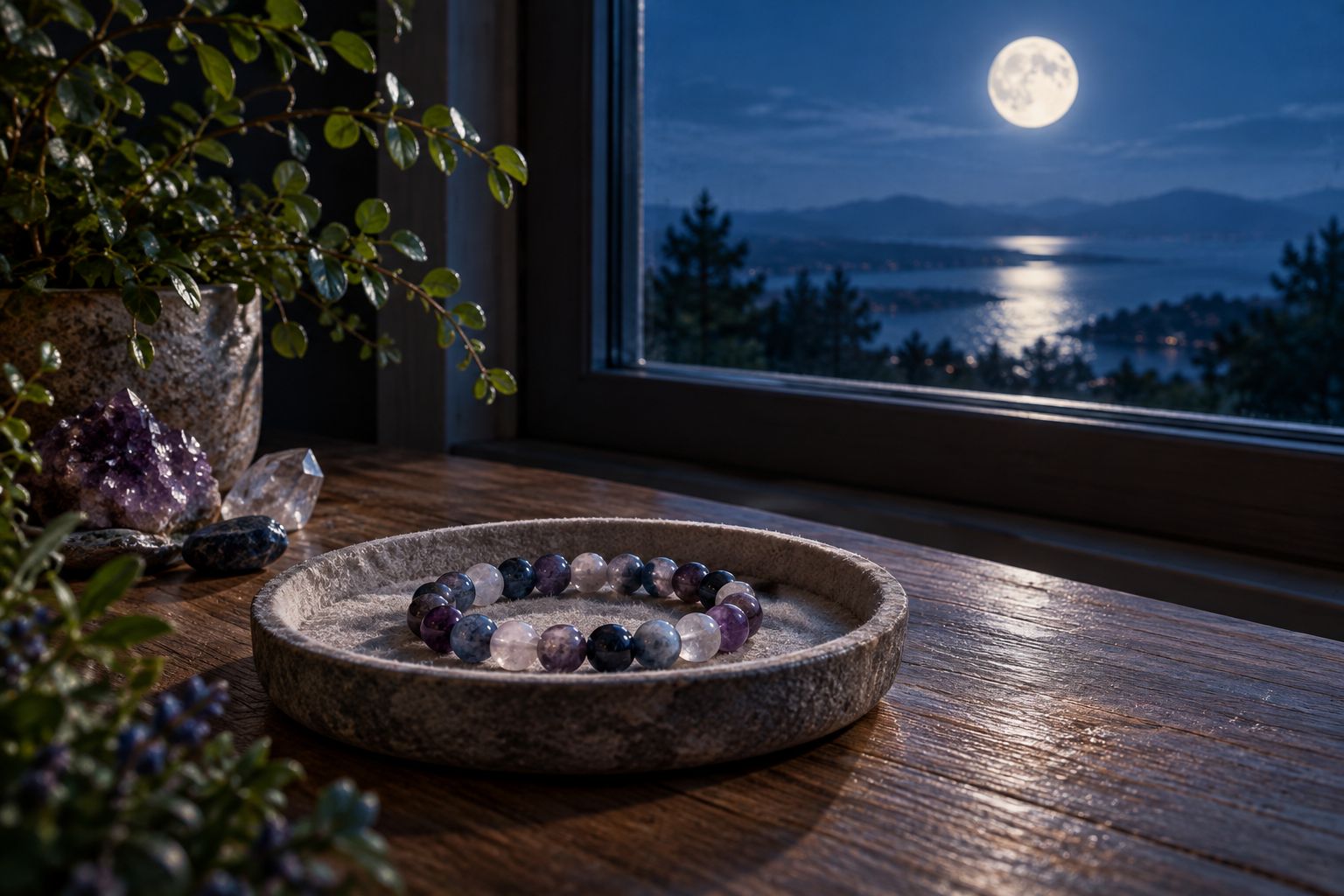 A bead bracelet in a soft-lined tray on a dry indoor table beside a closed window.