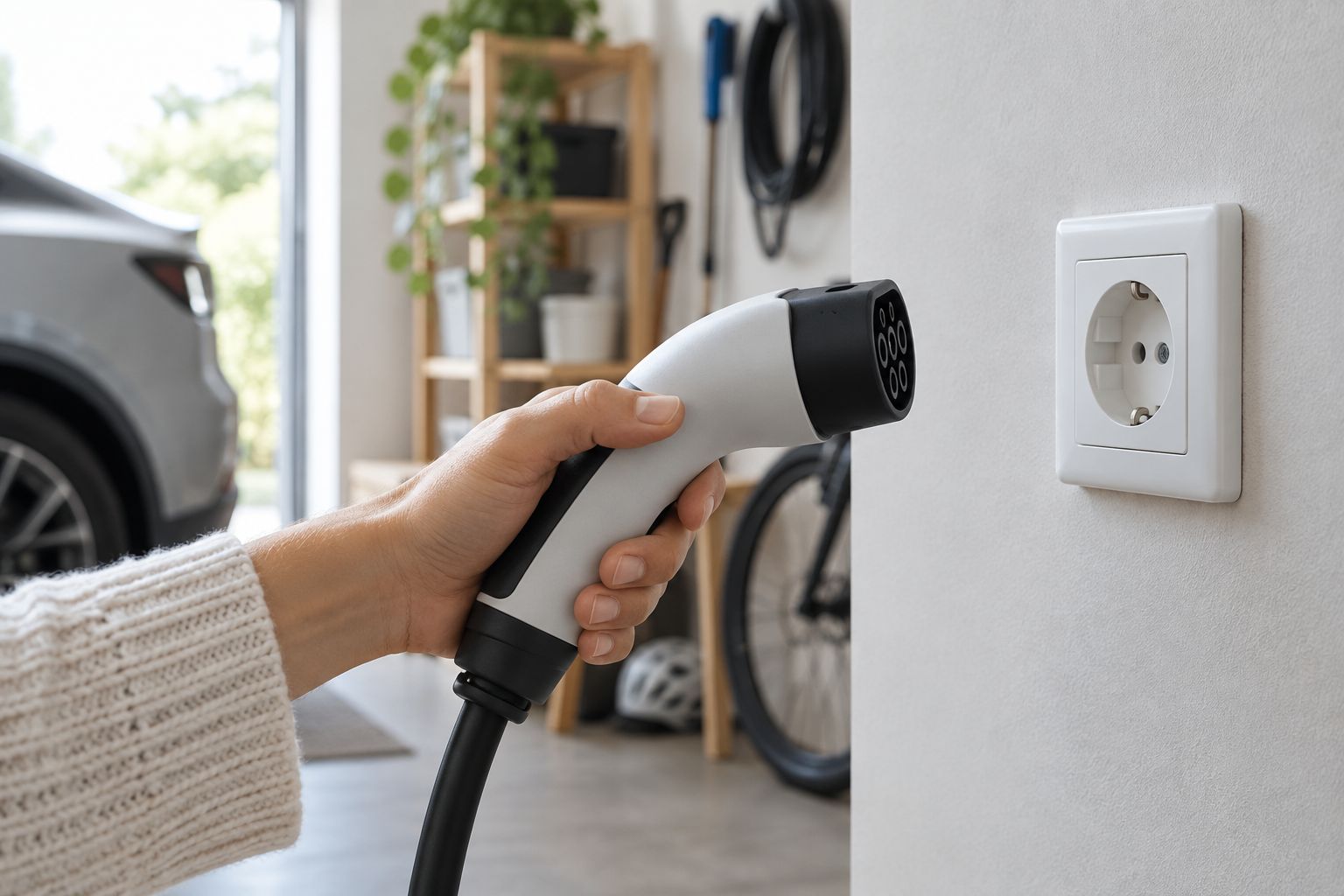 Bilist undersøger en almindelig stikkontakt før tilslutning af ladekabel