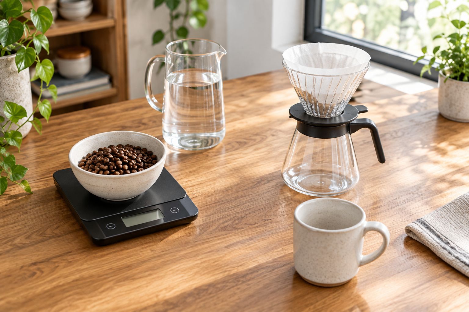 Coffee beans, water, a kitchen scale, and a filter brewer arranged on a home counter