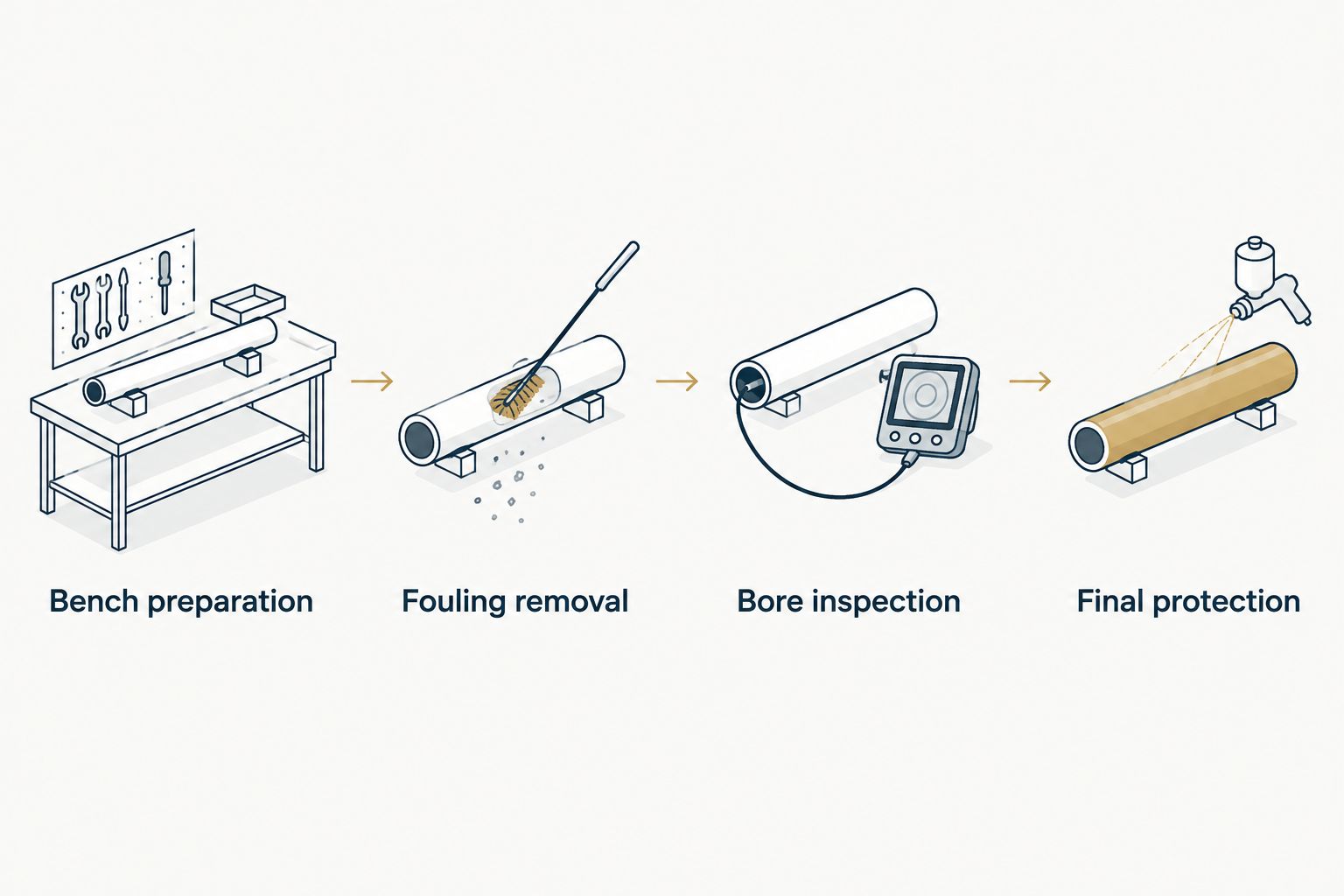 Barrel-maintenance sequence from bench preparation through fouling removal, inspection and final protection.