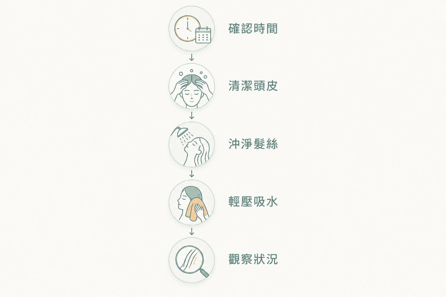 電髮後首次洗頭的步驟圖,從確認時間到觀察頭皮與髮絲狀況