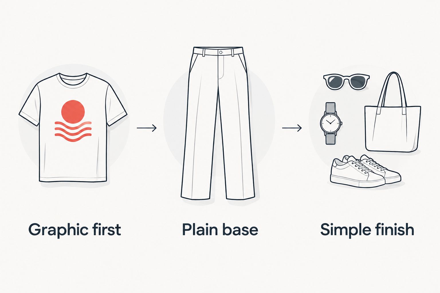 Three styling checks: graphic first, plain base, and simple finish
