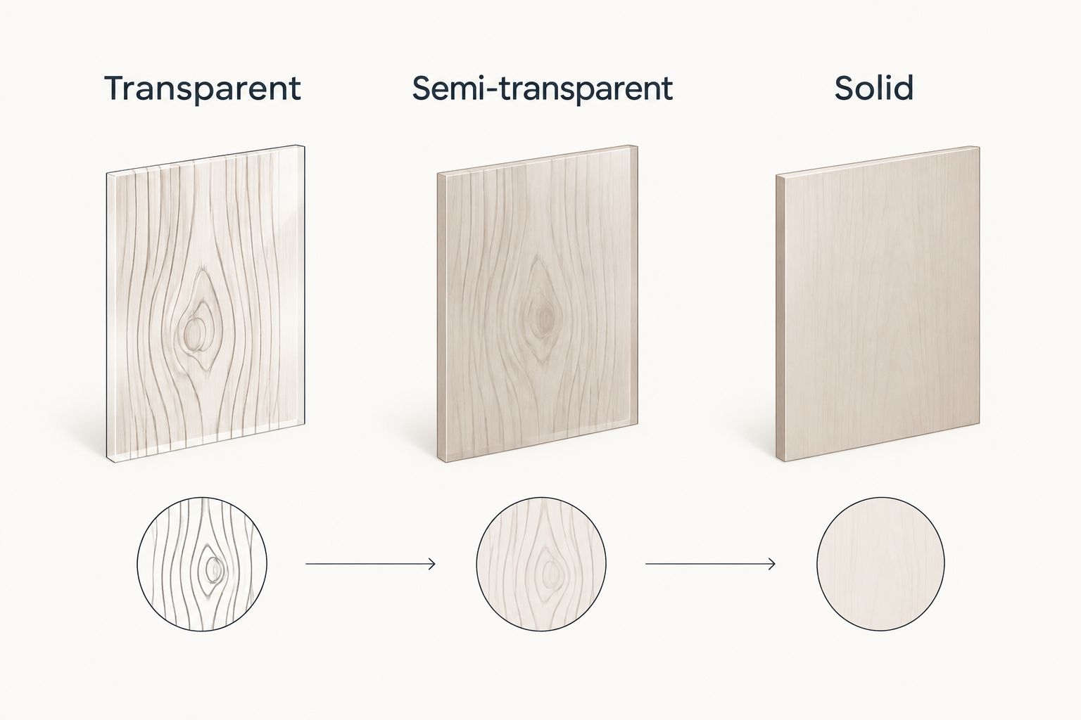 Comparison of transparent, semi-transparent, and solid stain showing different levels of visible wood grain.