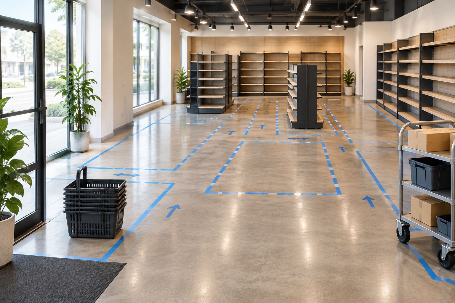 Taped shelving footprints and walking routes in an empty retail shop