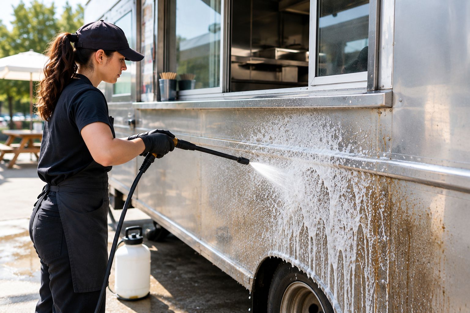 Degreaser foam clinging to grease streaks on a food truck's stainless panel